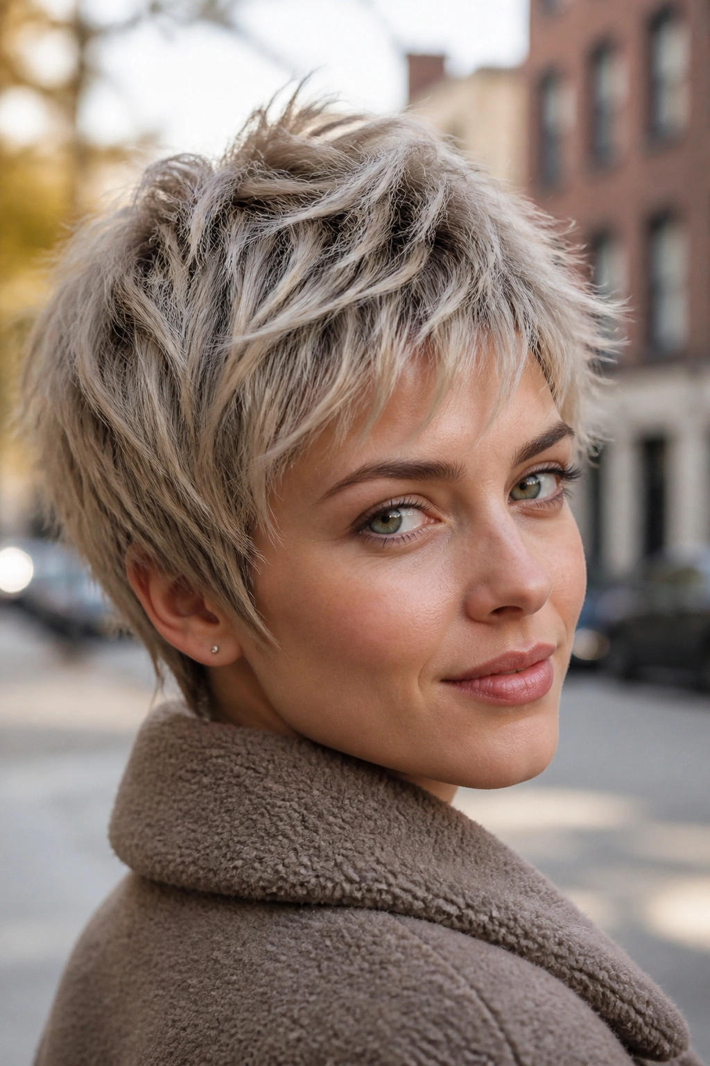 Portrait of a real woman with a choppy textured pixie in natural daylight