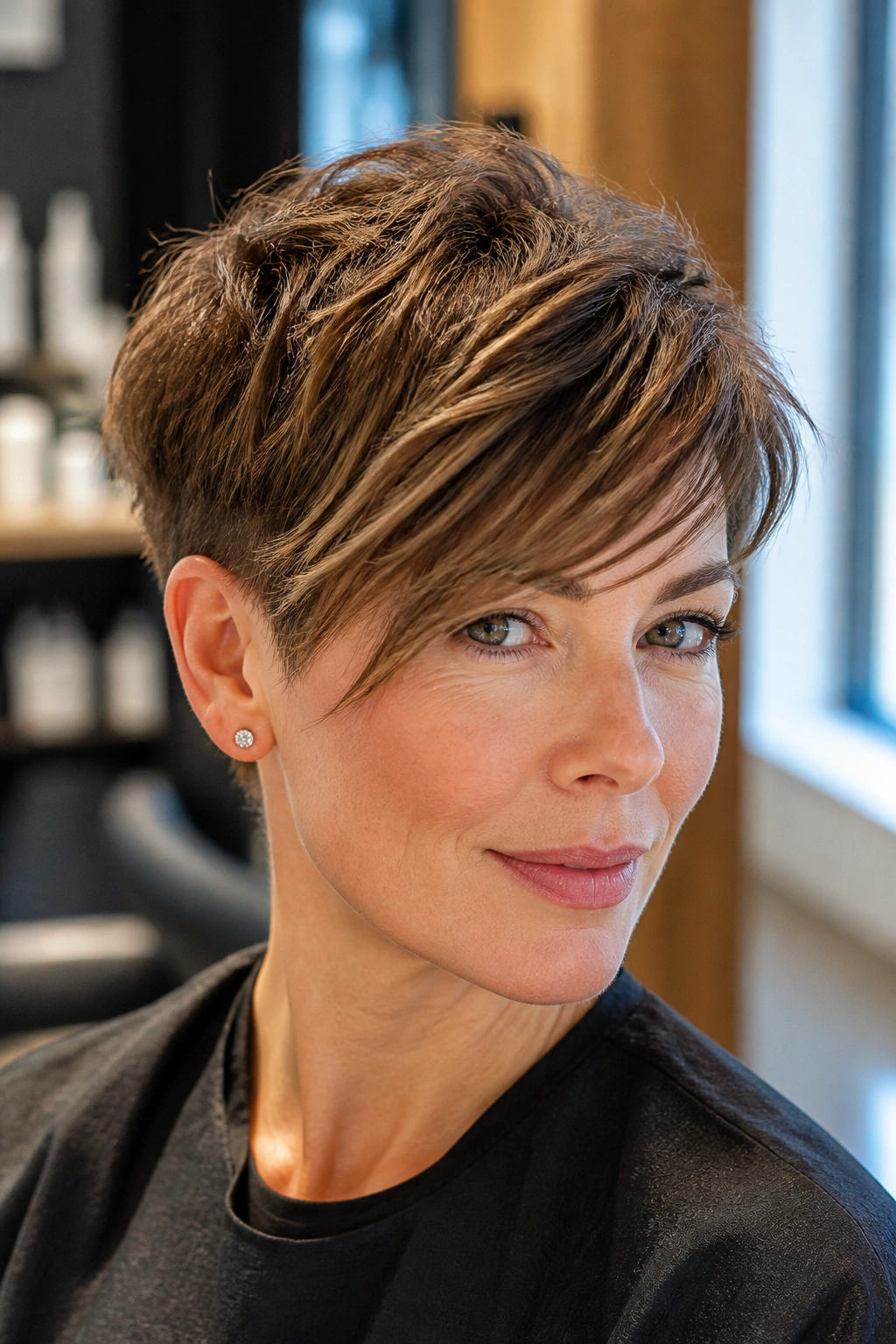 Close-up of a woman with a textured pixie and long side fringe.