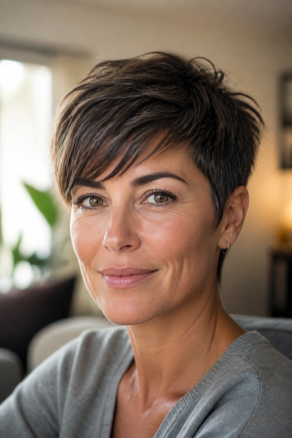 Close-up portrait of a woman with a textured pixie and side fringe in warm window light