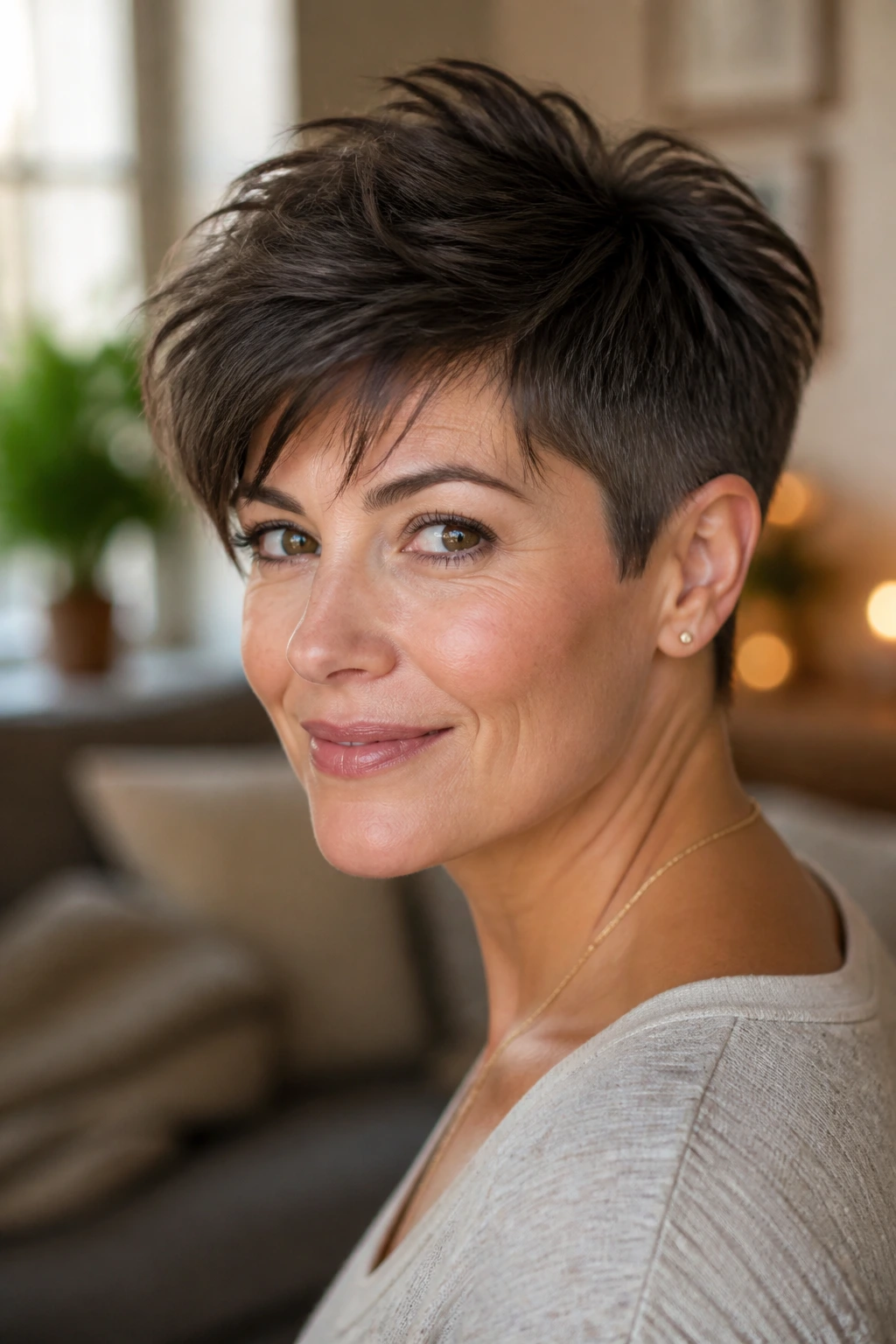 Close-up portrait of a woman with a textured pixie and tapered sides in warm window light