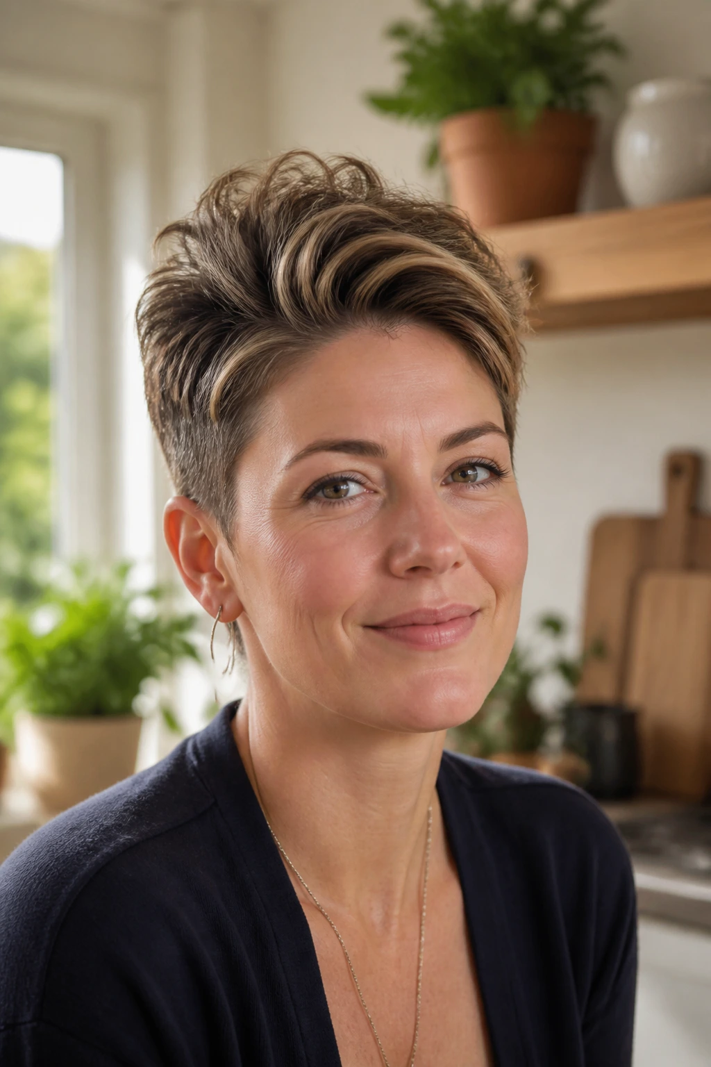 Close-up of a real woman with a grown-out pixie and lifted crown in natural kitchen light.
