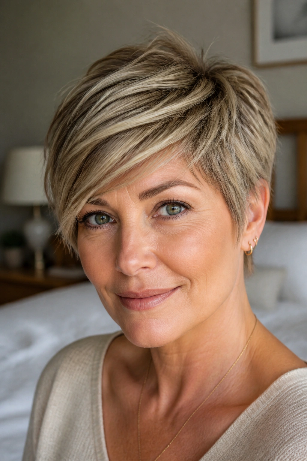 Close-up of a real woman with a side-swept layered pixie under natural light