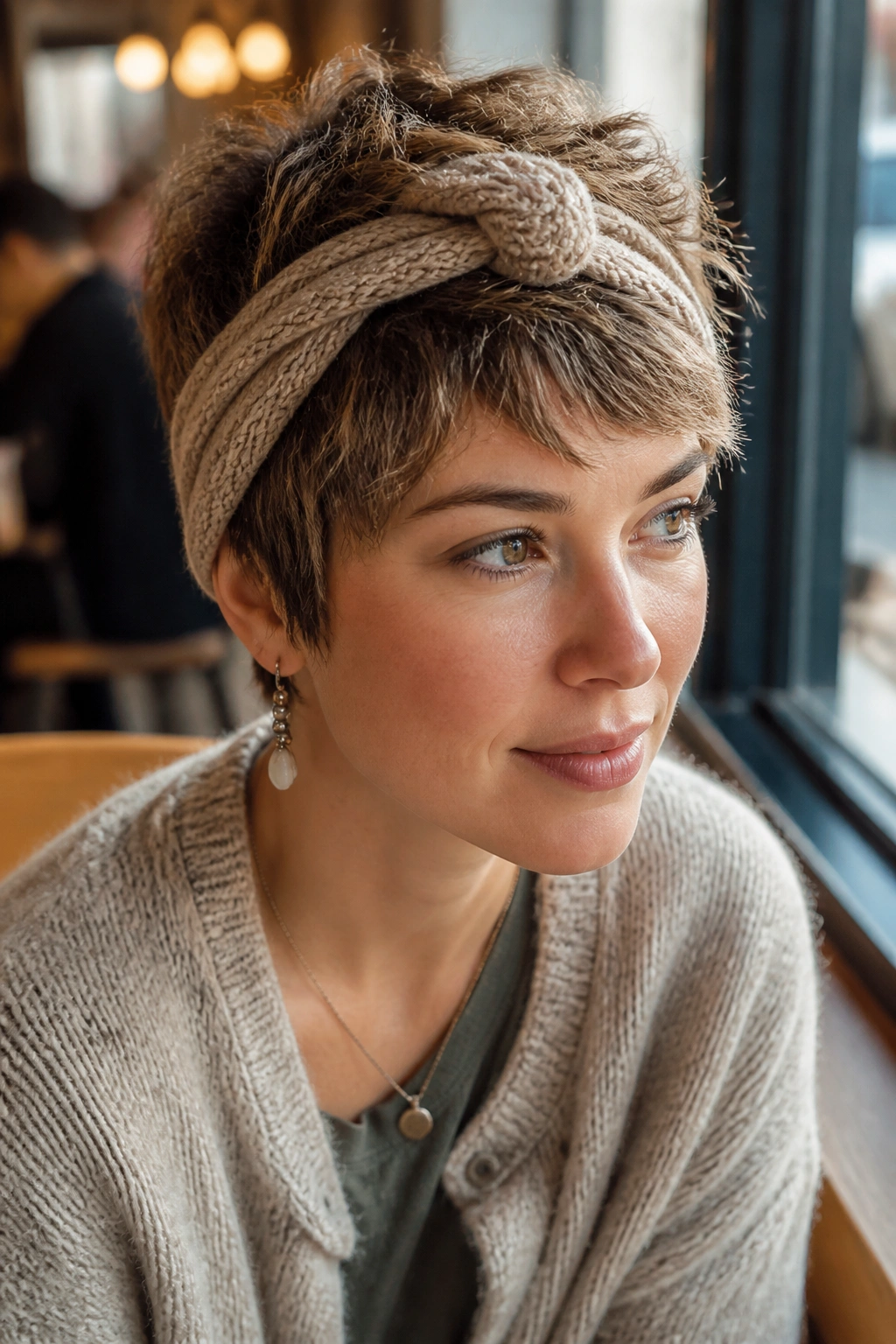 Close-up of a real woman with a choppy pixie and knotted knit headband in a cafe setting