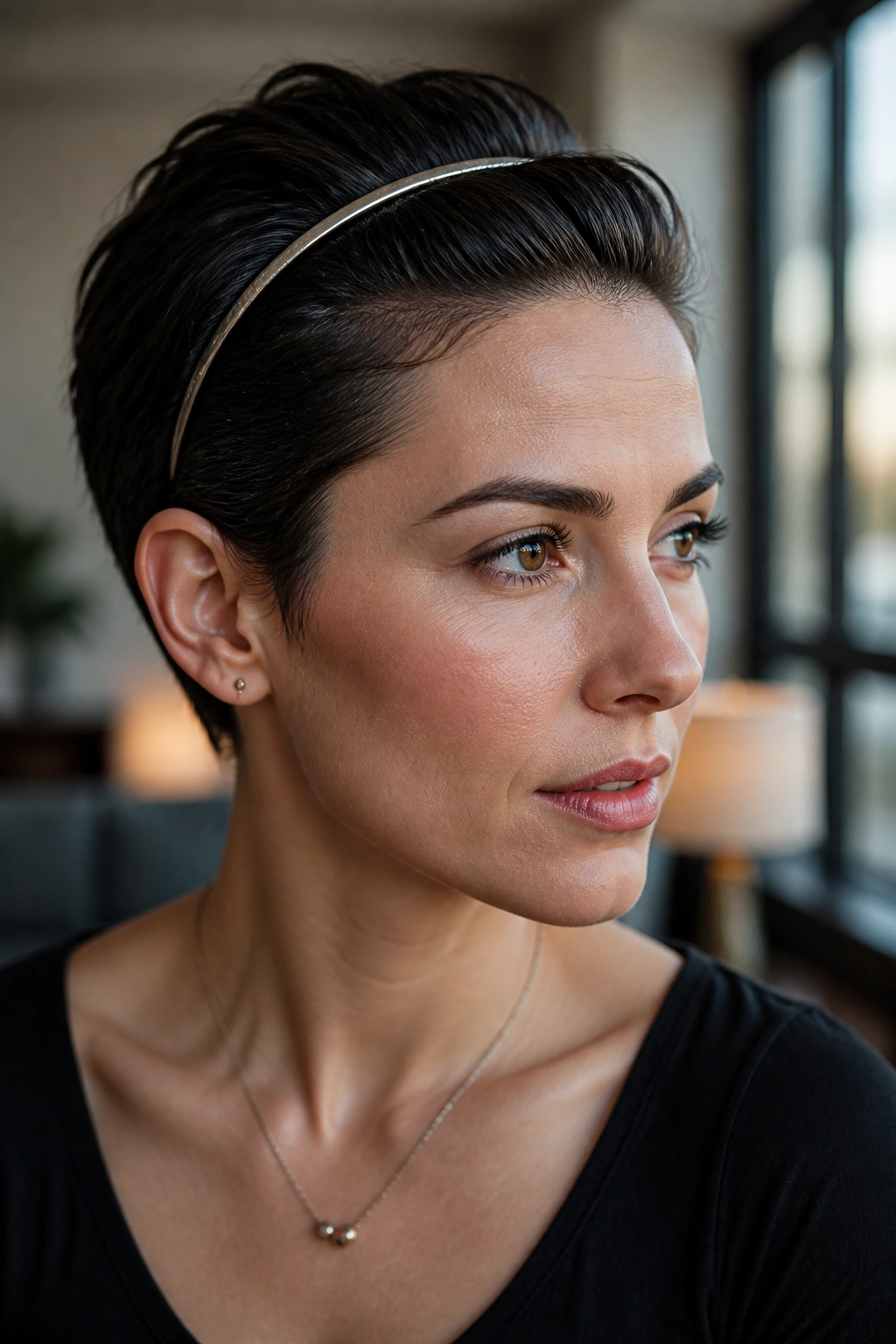 Close-up of a real woman with slicked-back pixie and slim metal headband in a stylish interior