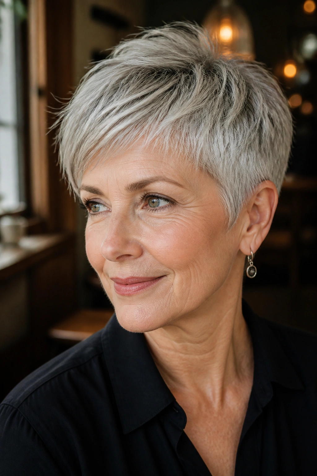 Portrait of a real woman with a soft layered pixie haircut