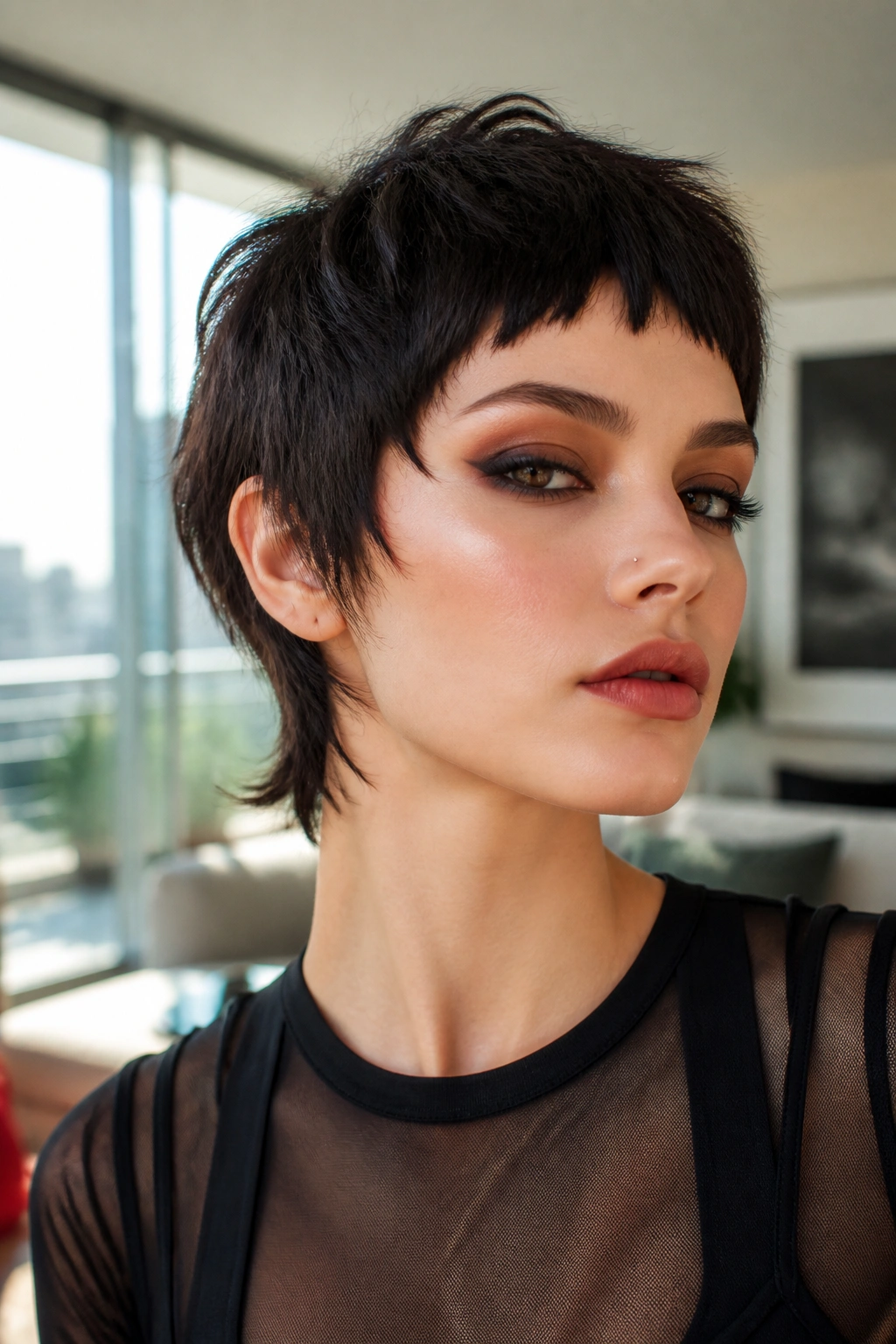 Close-up of a real woman with pixie-length wolf cut micro fringe