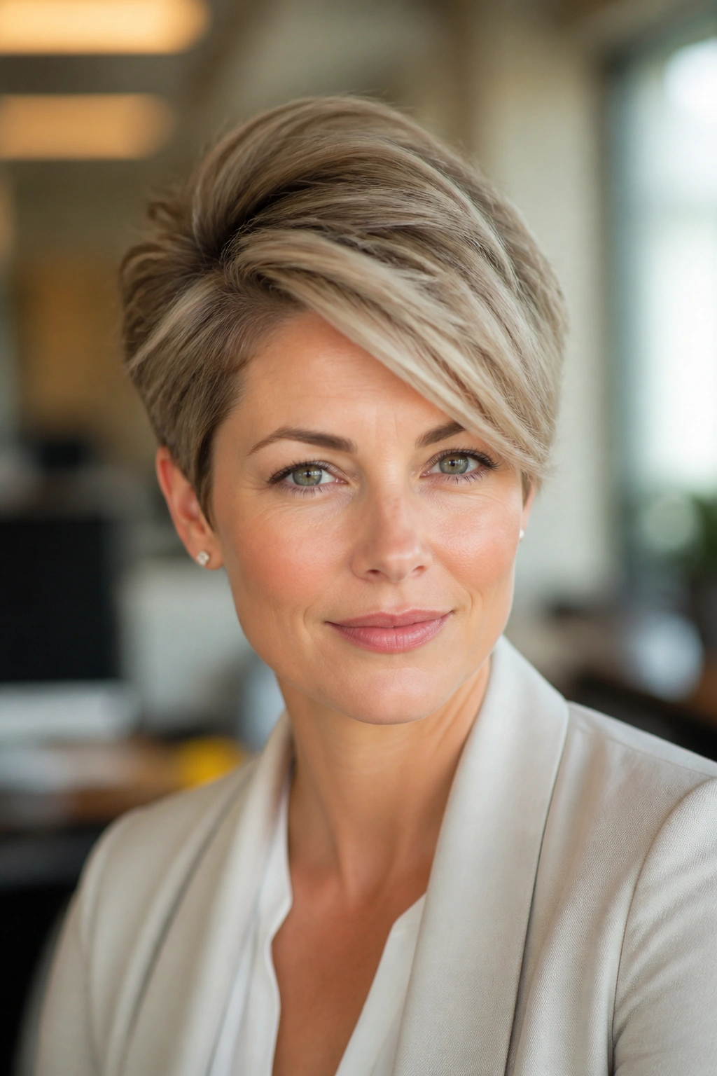 Close-up of a real woman with a side-swept pixie and lift at the crown in warm office daylight.