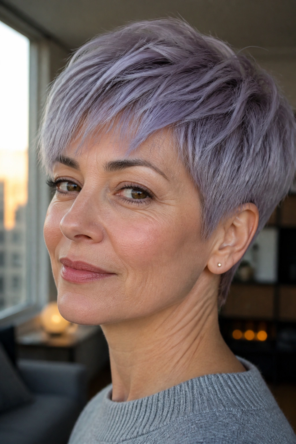Portrait of a real woman with lilac grey pixie cut.