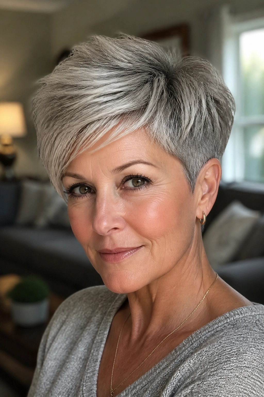 Close-up portrait of a real woman with a silver-gray pixie featuring a long crown