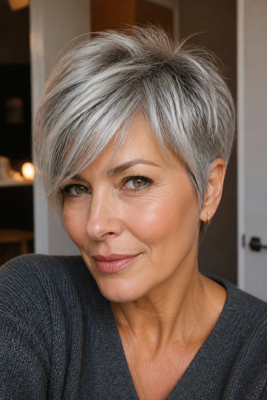 Close-up of a real woman with a pixie cut and long side bangs softly framing the forehead