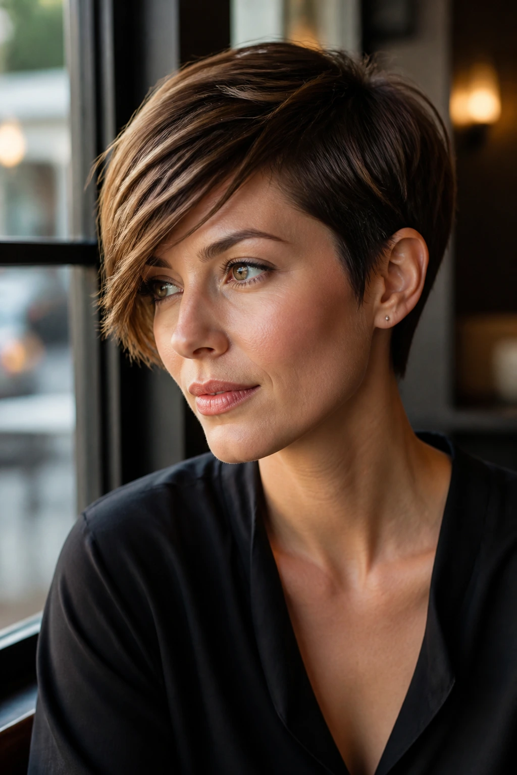 Close-up of a real woman with a pixie haircut and long side fringe