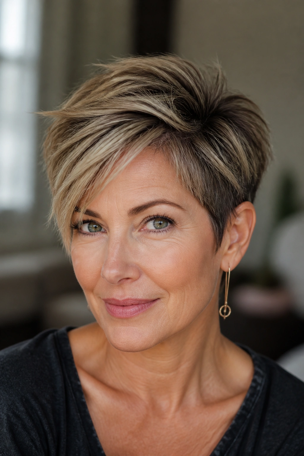 Real woman with a pixie haircut featuring a longer crown for lift