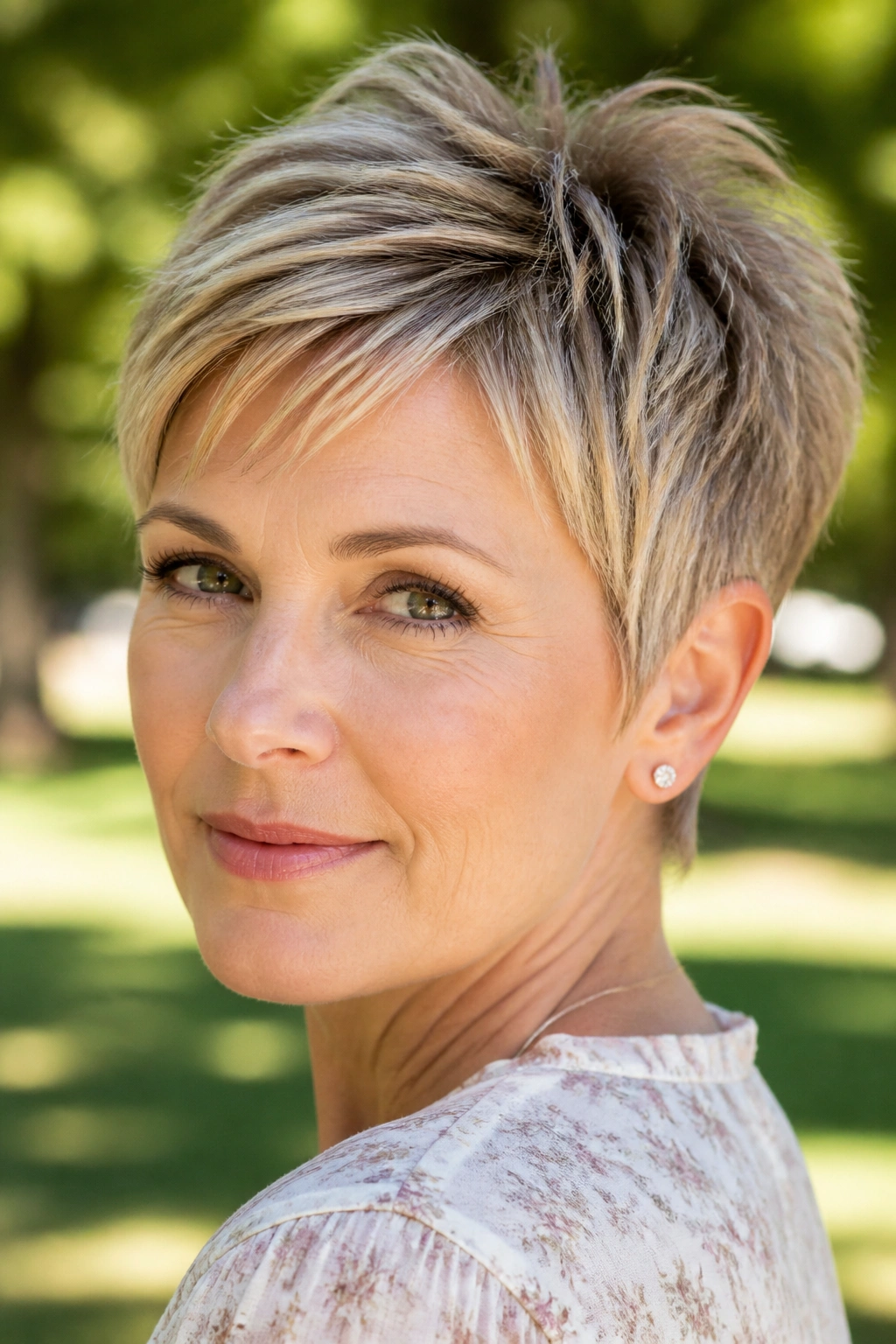 Real woman with a pixie haircut featuring longer crown layers in natural light.