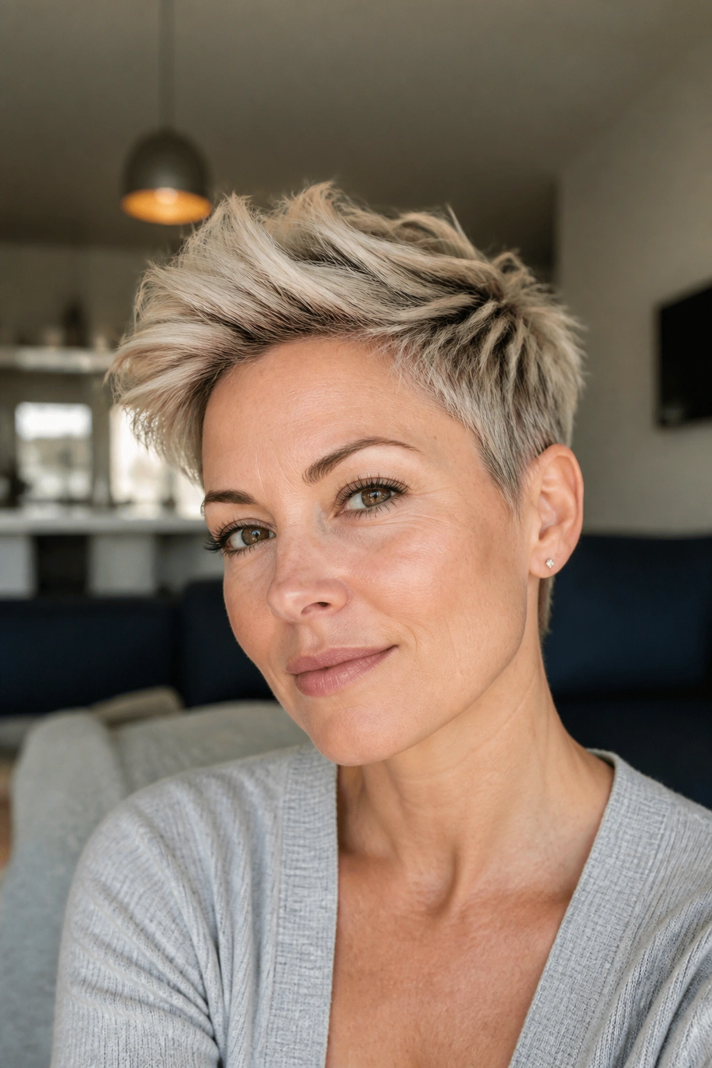 Close-up of a real woman with a classic pixie and a longer top