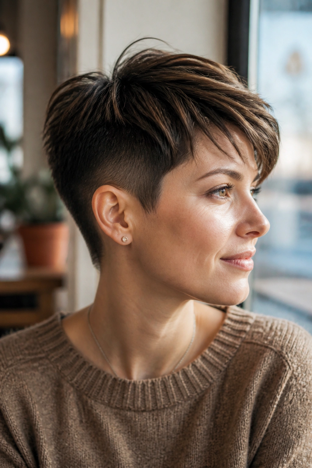 Close-up portrait of a real person with a pixie cut and longer top for lift.
