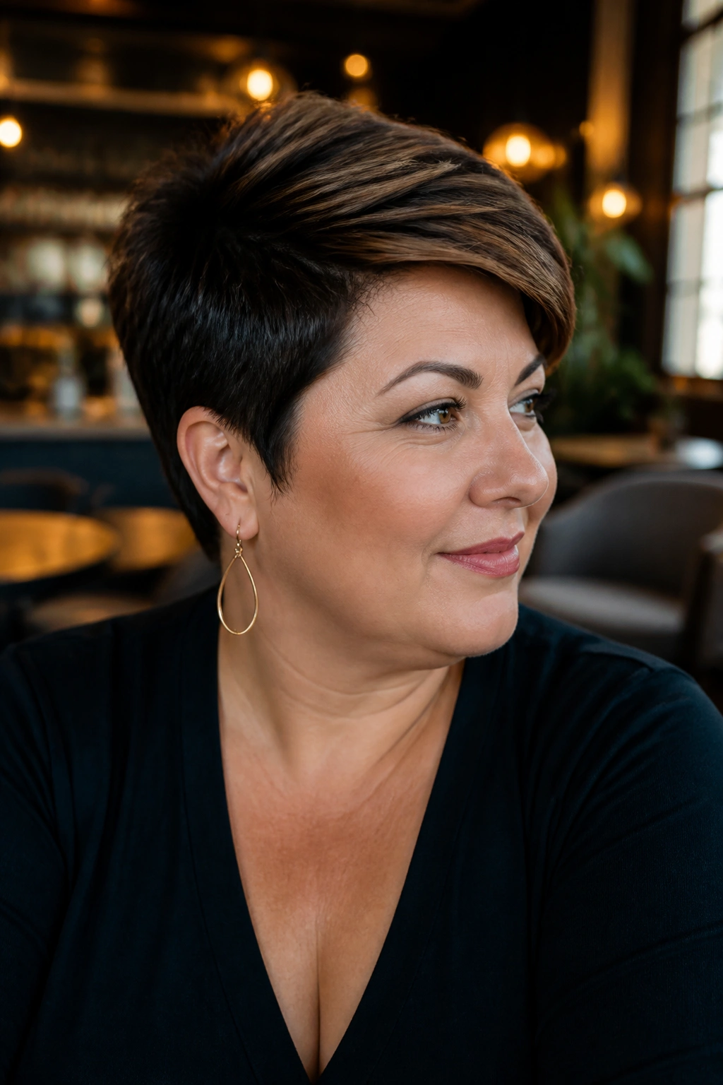 Portrait of a woman with a pixie cut featuring a longer top.
