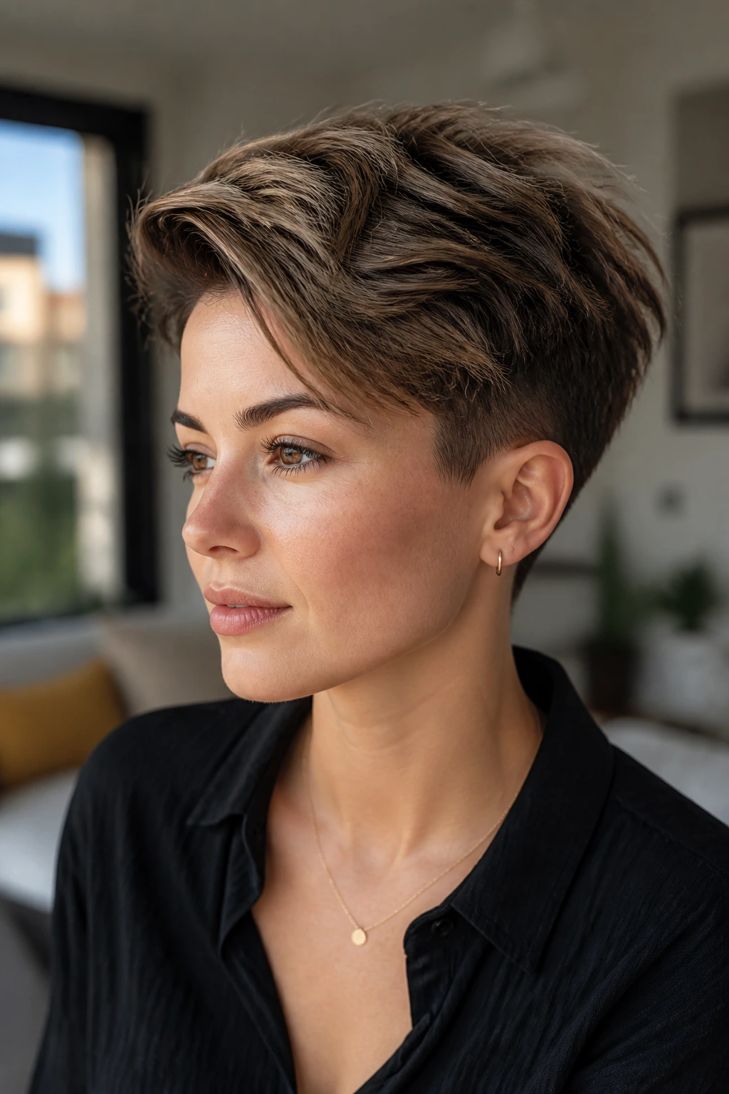 Portrait of a real woman with a pixie haircut featuring a longer top.