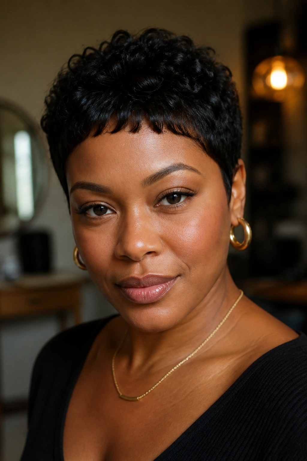Close-up portrait of a Black woman with micro bangs on a curly pixie