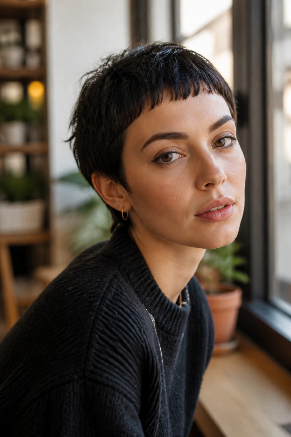 Portrait of a woman with pixie cut and micro bangs.