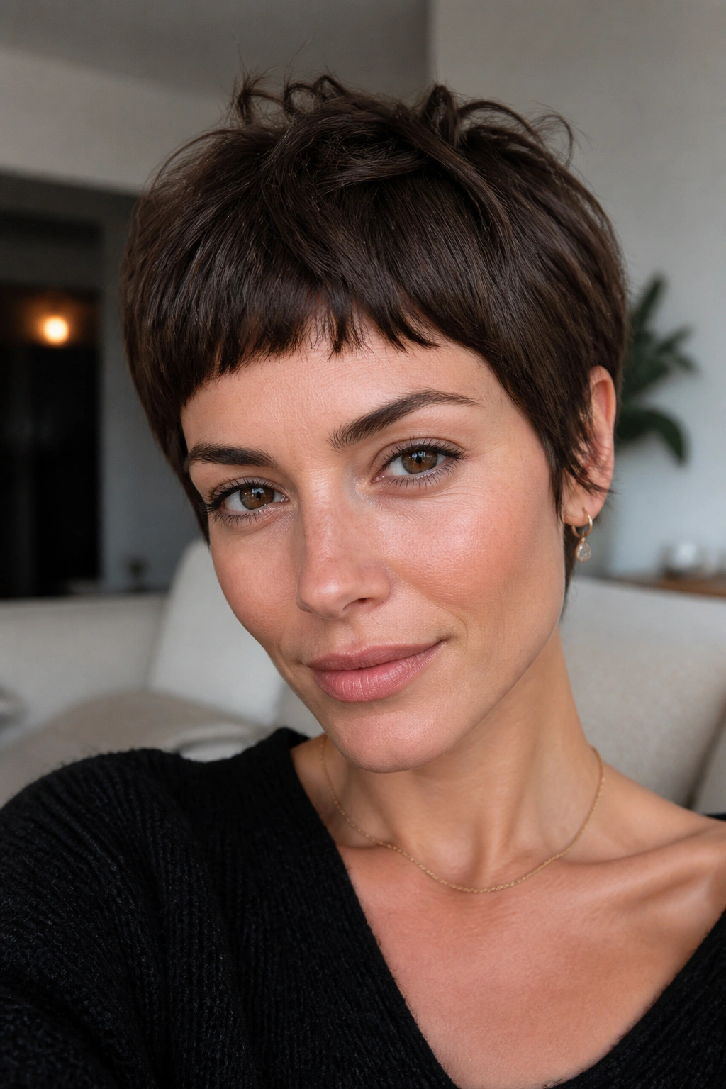 Portrait of a woman with a micro fringe pixie in a softly lit interior