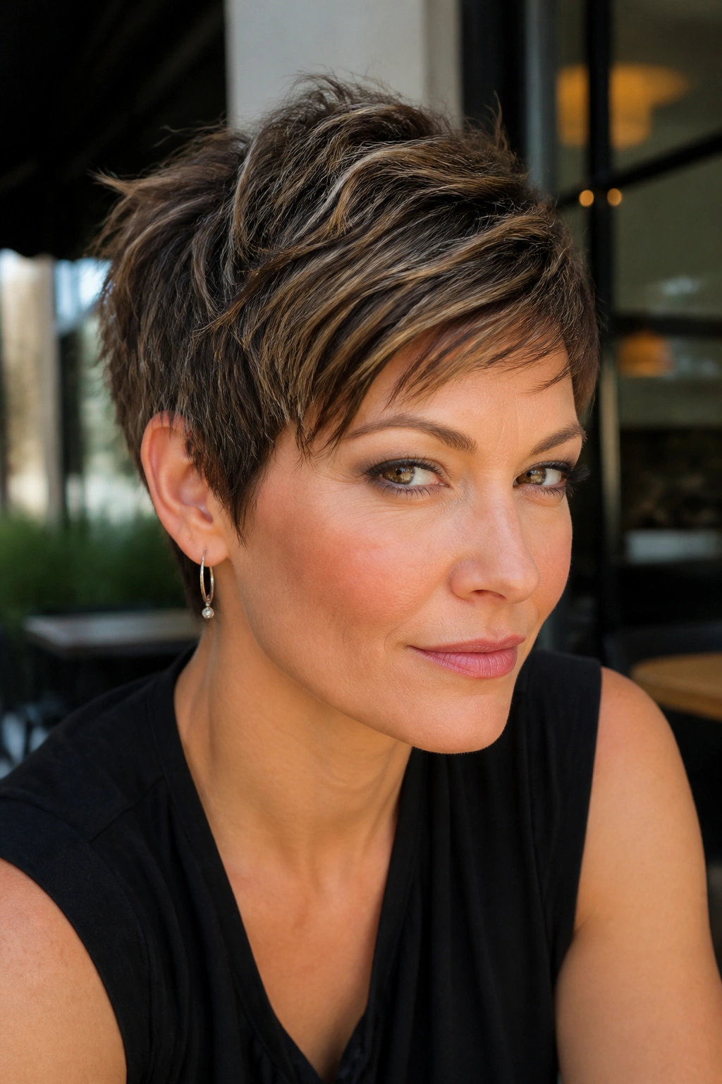 Close-up of a real woman with a tousled pixie and micro highlights in natural daylight
