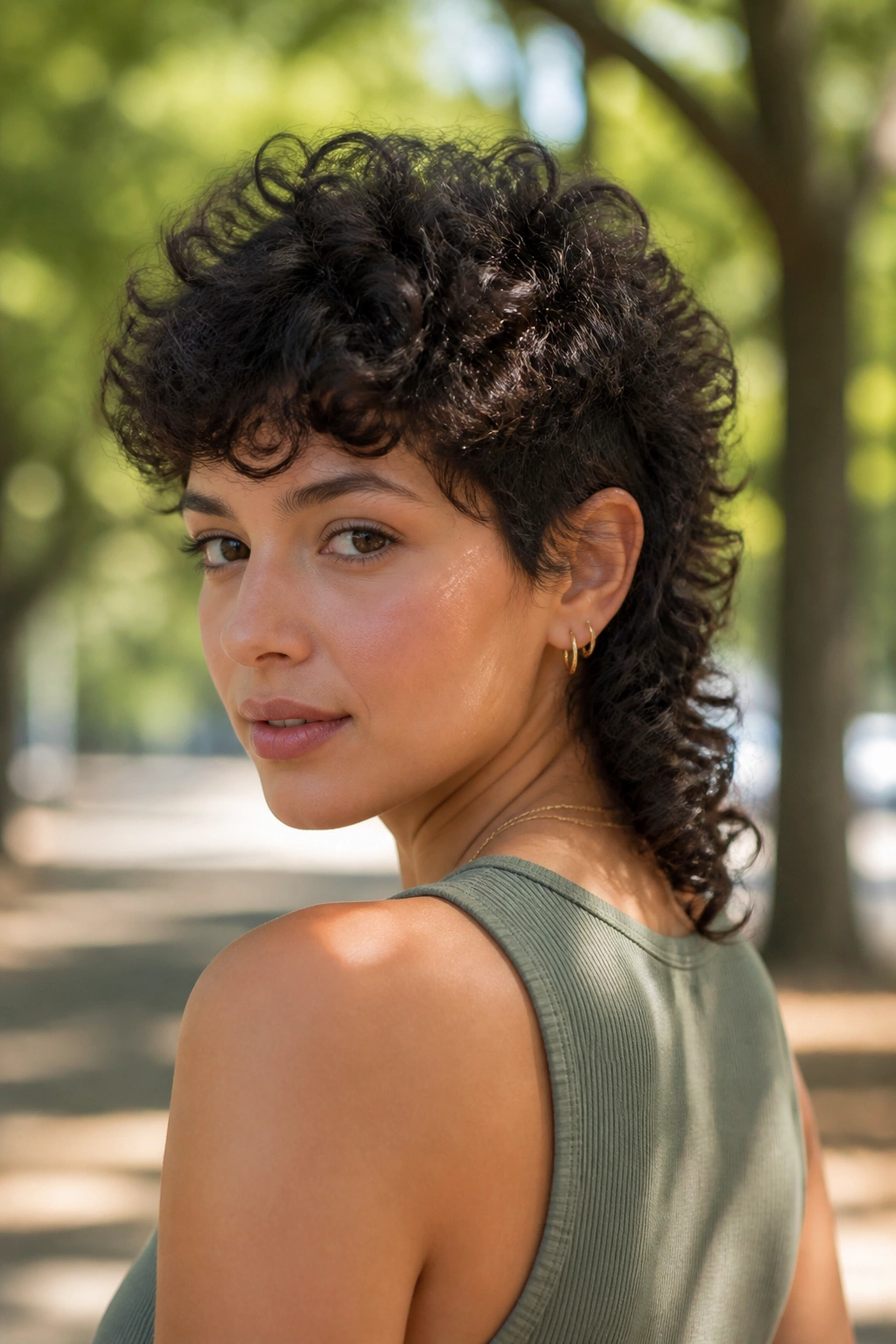 Medium close-up of a real woman with a pixie mullet in a park setting