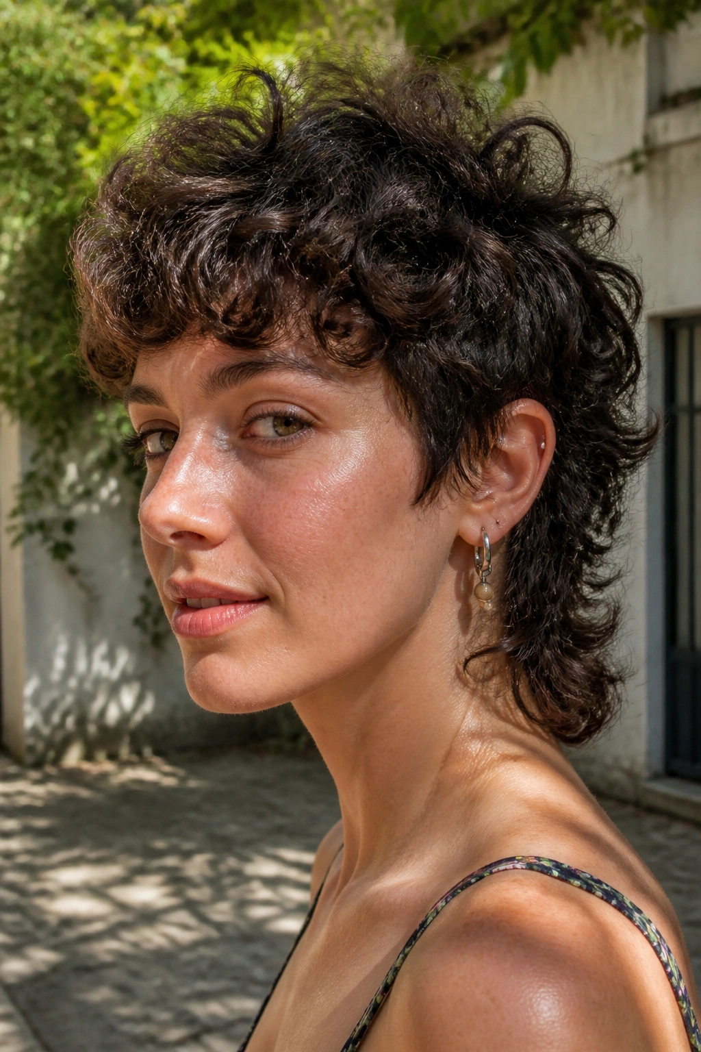 Close-up portrait of a real person with curly pixie mullet showing defined curls and mullet silhouette