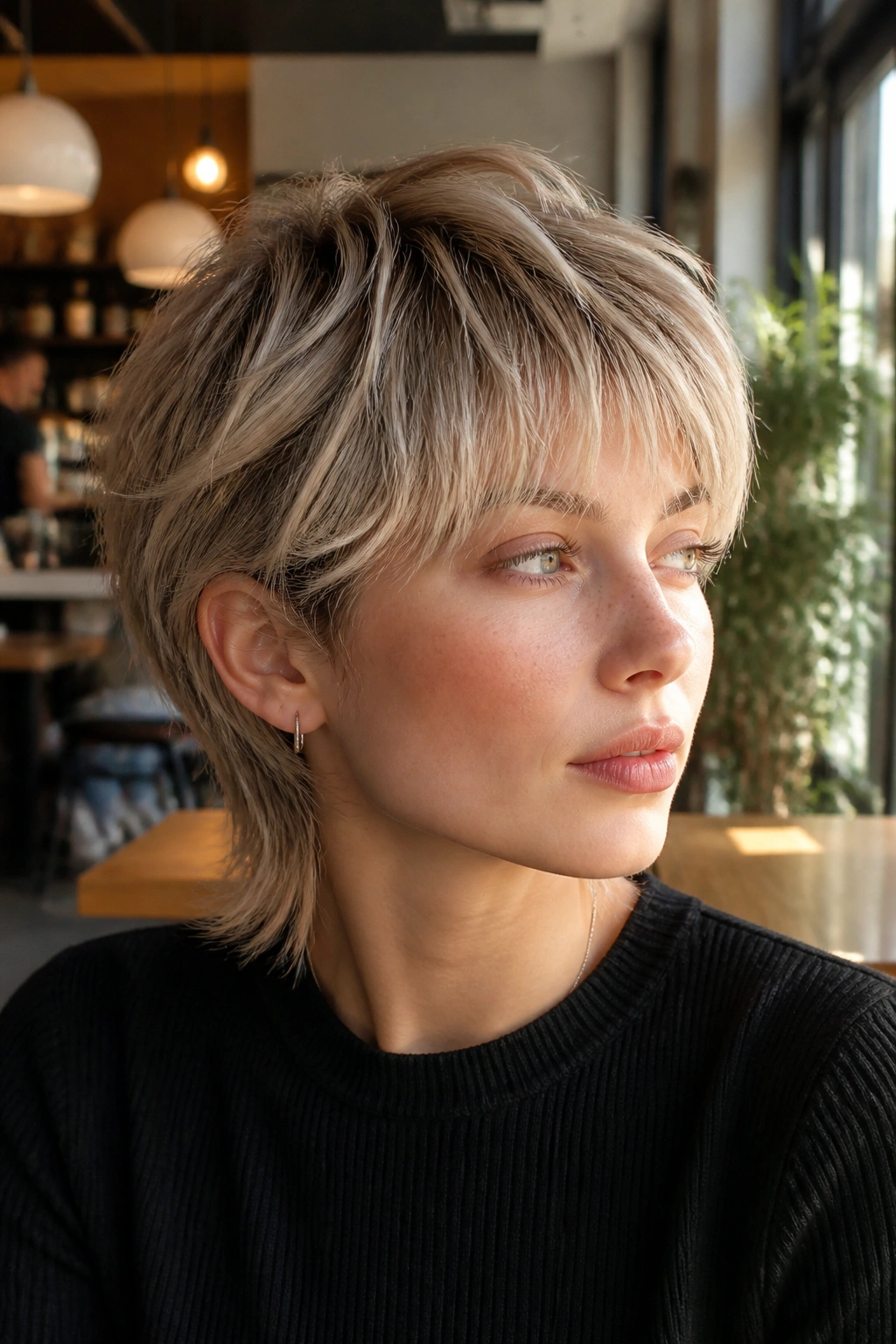 Close-up portrait of a real person with a feathered pixie mullet featuring soft layered texture