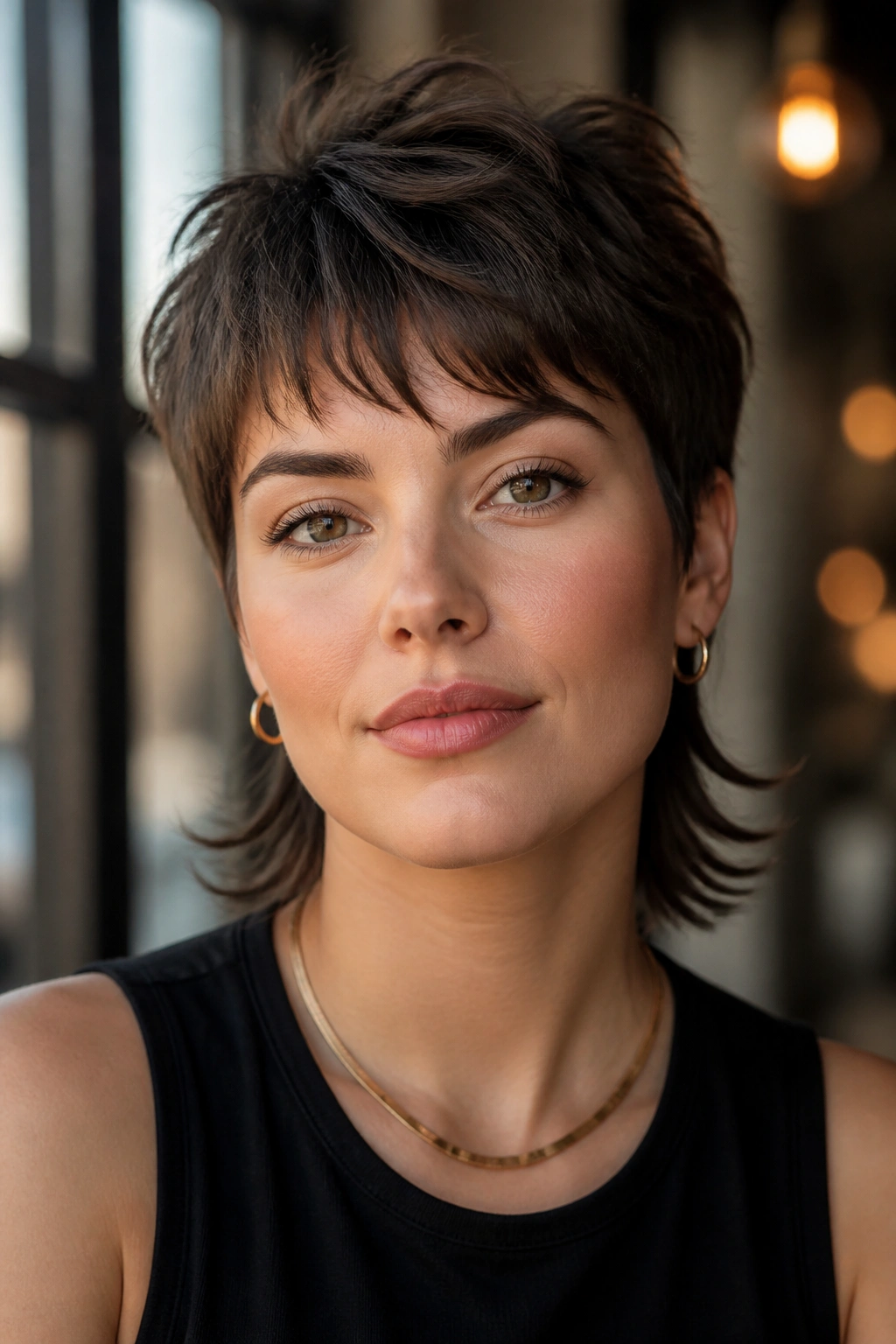 Close-up portrait of a real woman with a feminine pixie mullet.