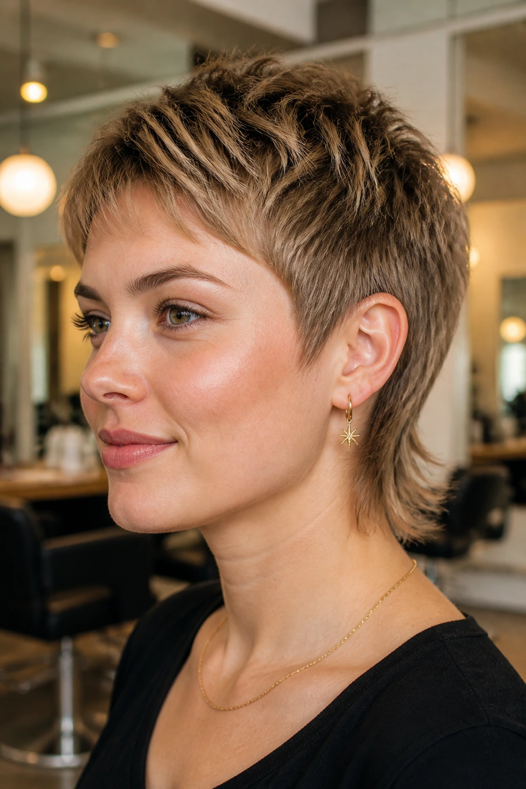 Close-up of a woman with a pixie mullet showing lift and feathered texture