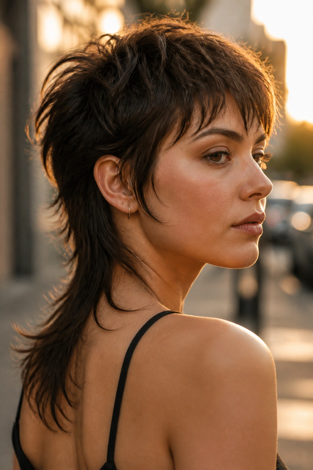 Close-up portrait of a real woman with layered pixie mullet hybrid.