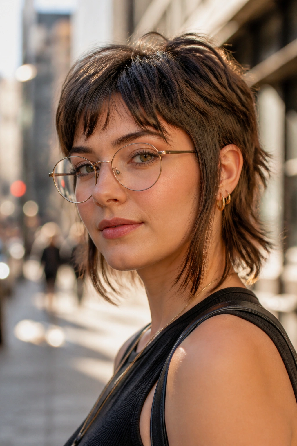 Close-up portrait of a real person with long sideburns pixie mullet face framing