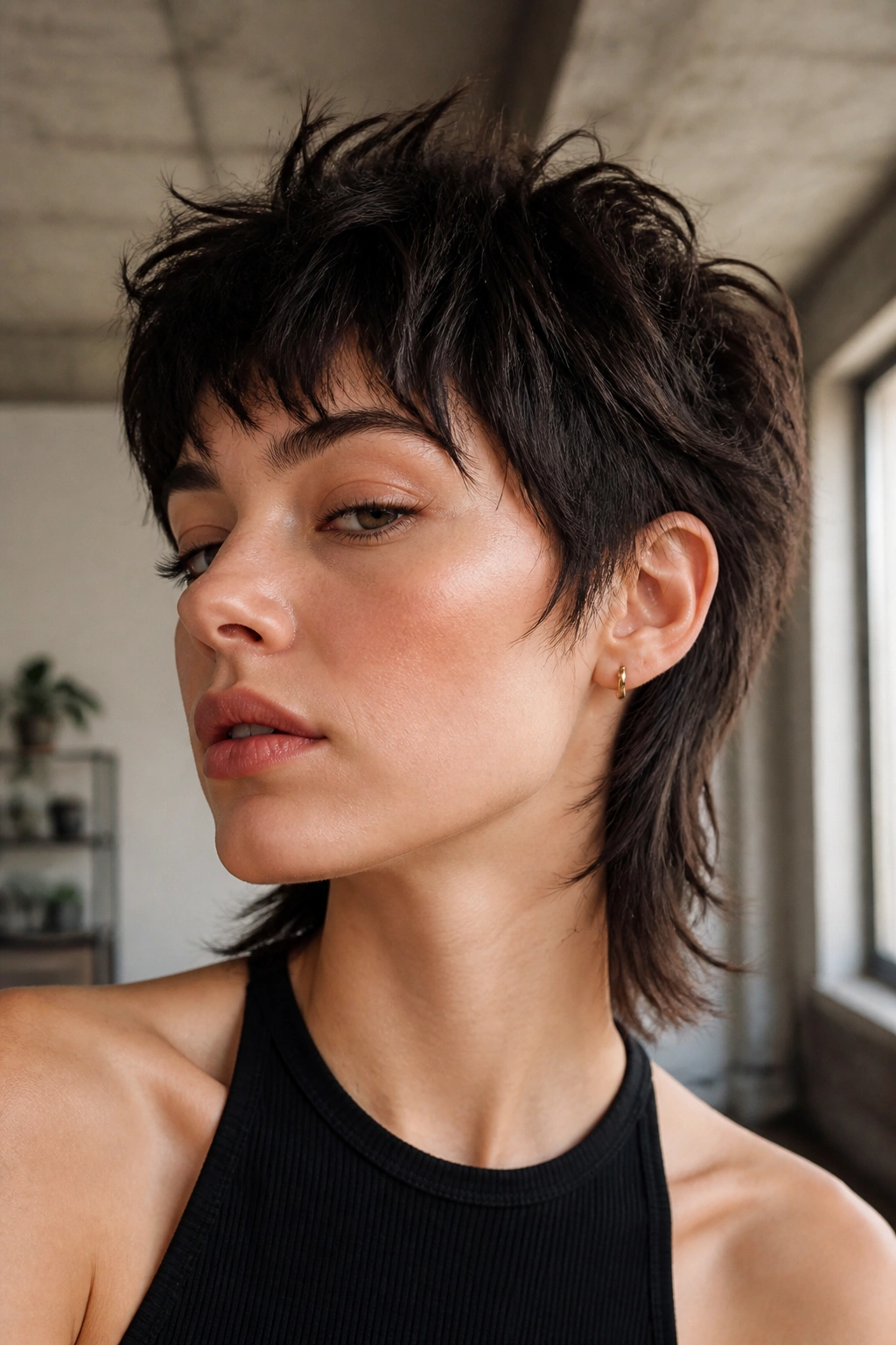 Close-up portrait of a real person with razor-cut pixie mullet featuring wispy textured ends