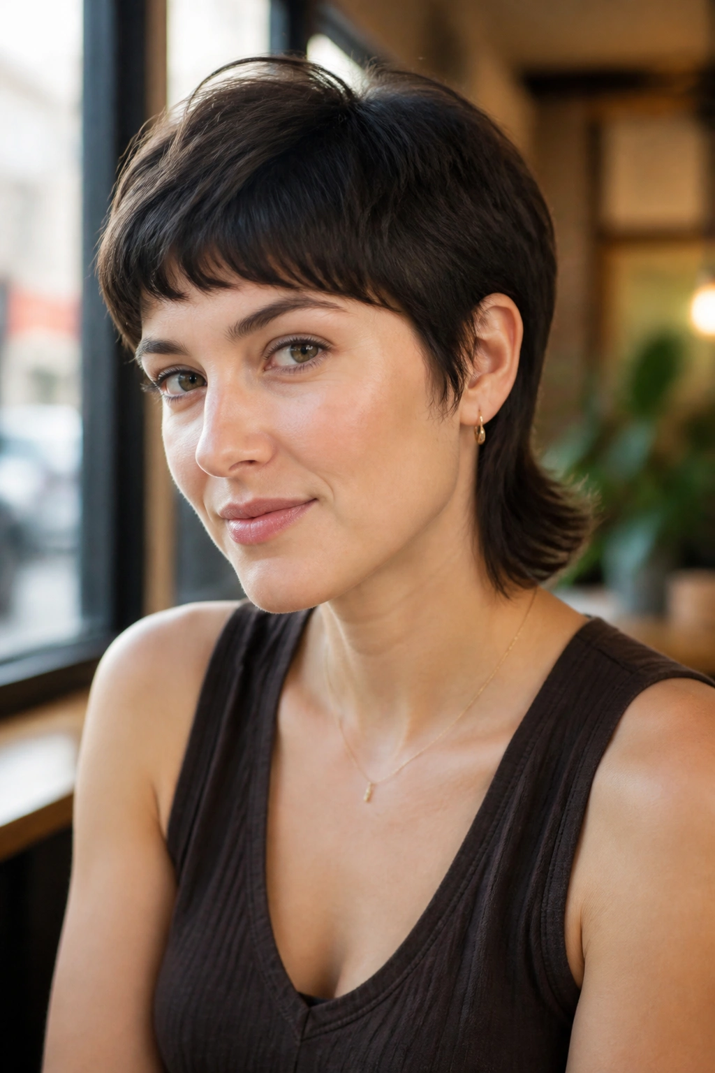 Close-up portrait of a real woman with rounded-top longer-nape pixie mullet in sunlit cafe