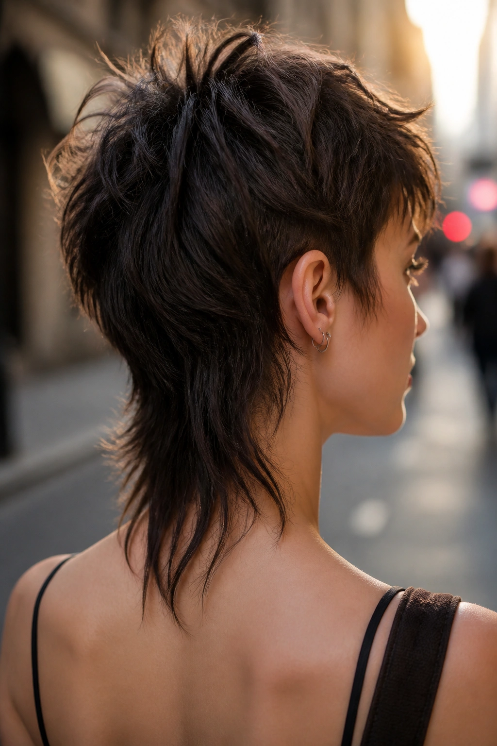 Back view of a real person with shaggy pixie mullet hairstyle