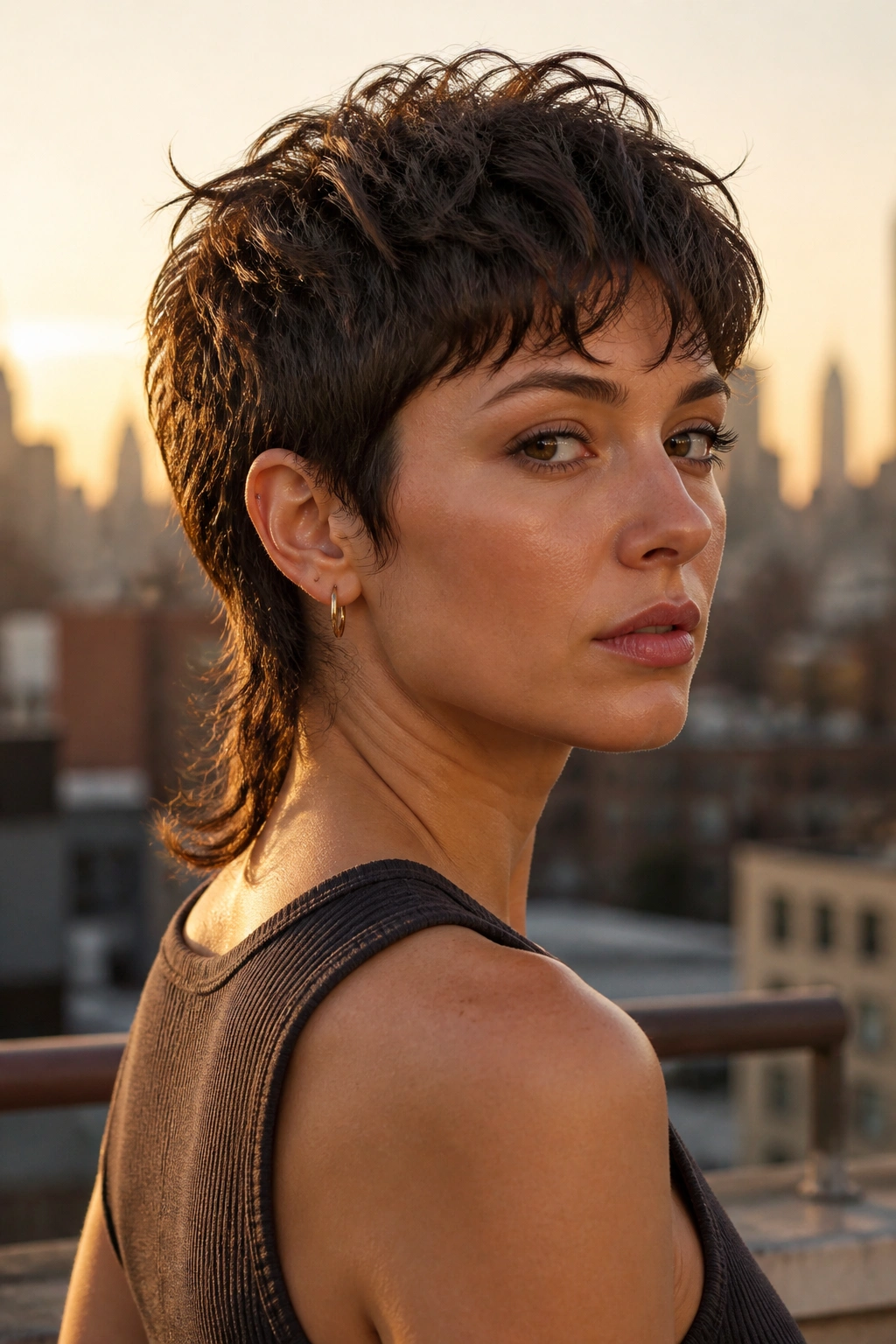 Close-up of a real woman with a pixie mullet and soft tail