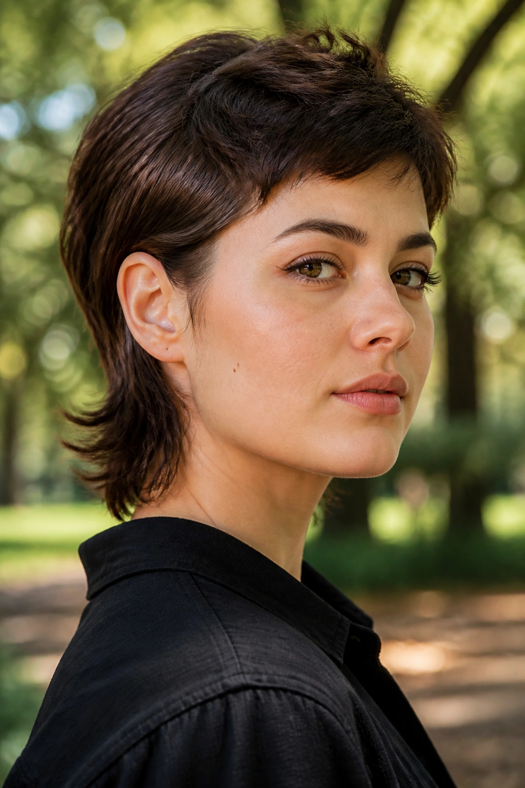 Close-up portrait of a real person with tucked-behind-ear pixie mullet in park light
