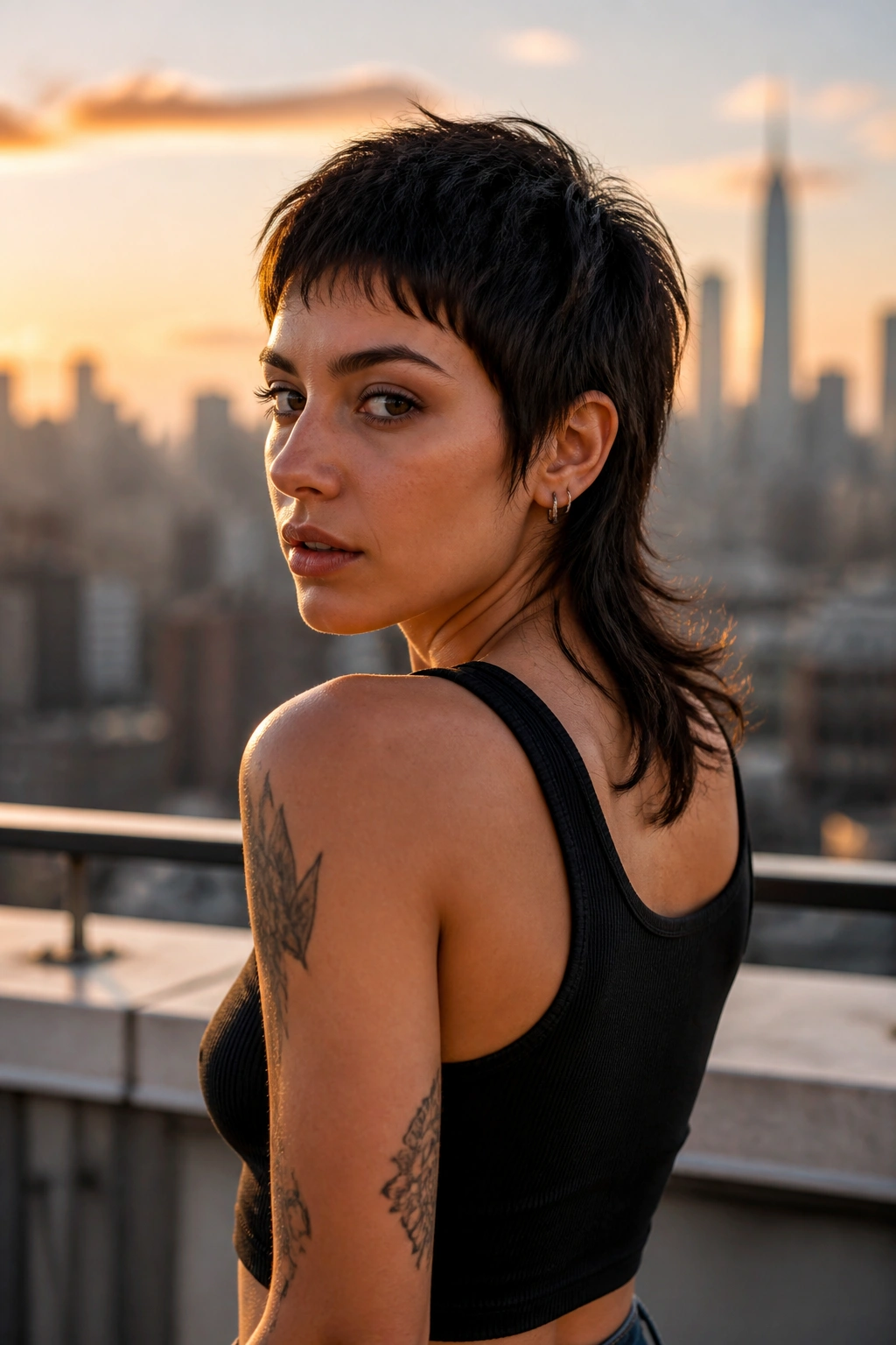 Three-quarter portrait of real person with pixie mullet wolf cut at sunset
