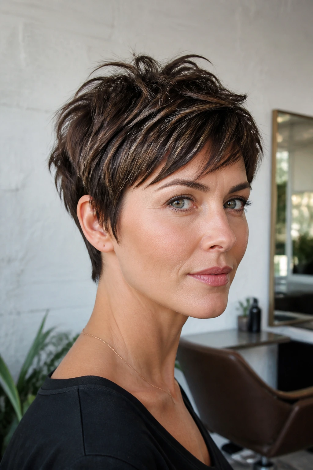 Close-up portrait of a real woman with a pixie cut featuring piecey layers