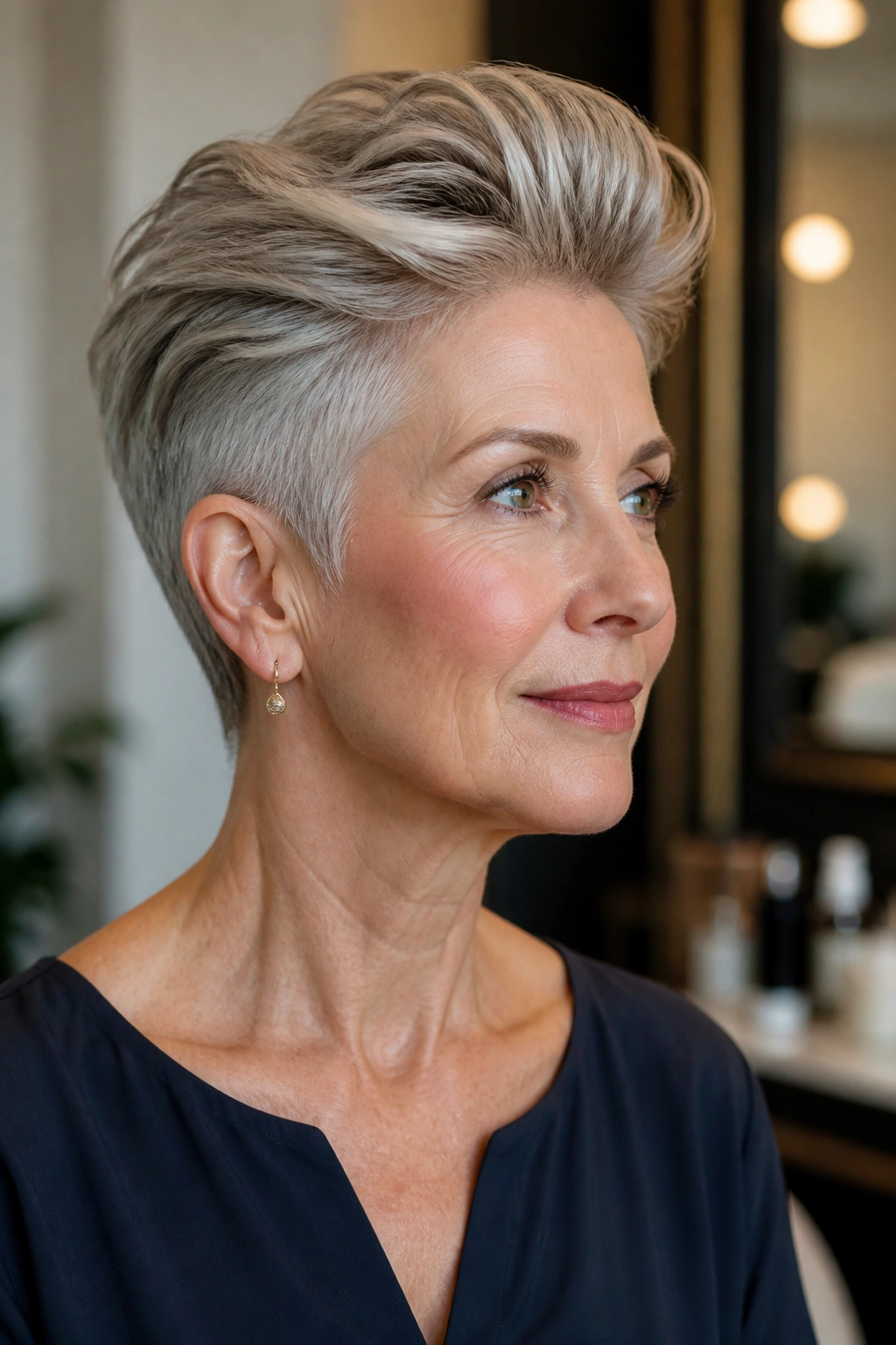 Real woman with swept-back pixie pompadour in a softly lit dressing room.
