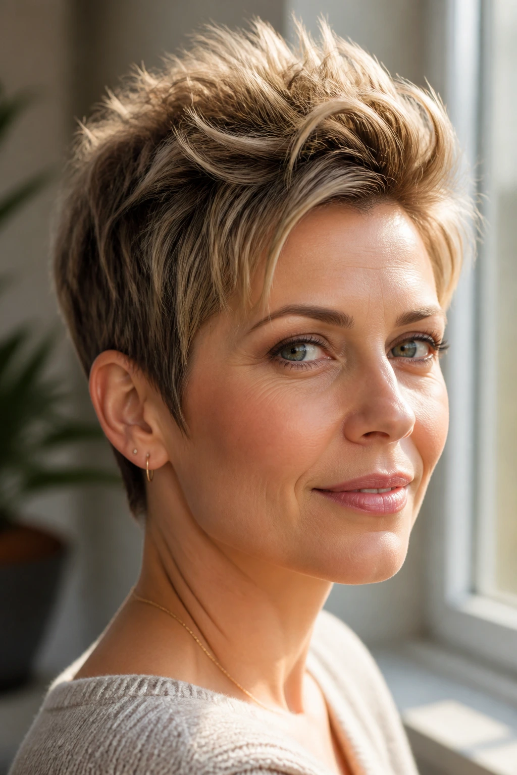 Portrait of a woman with a textured pixie quiff lit by warm window light