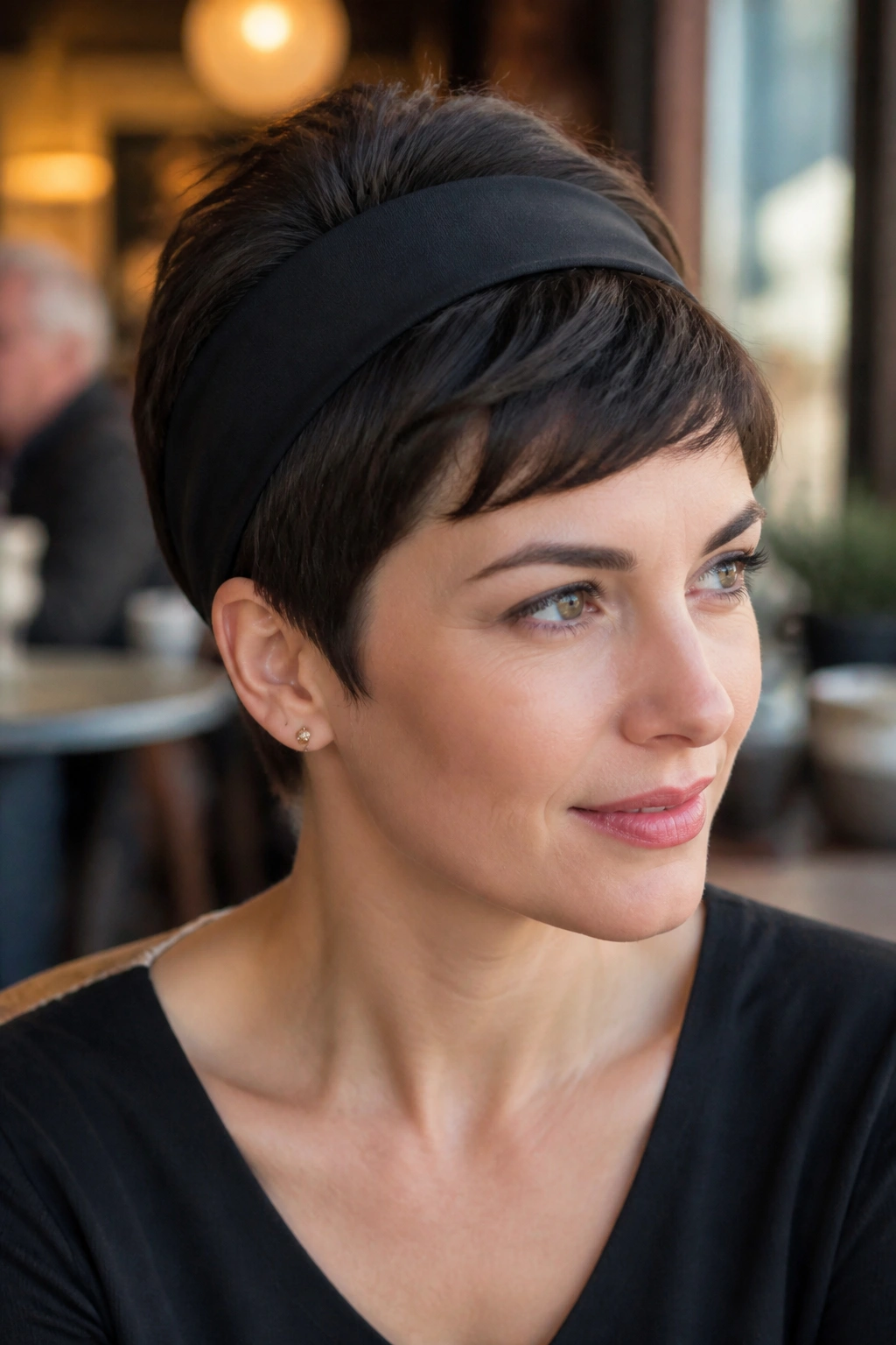 Real woman with retro pixie and wide Alice band in cafe setting.