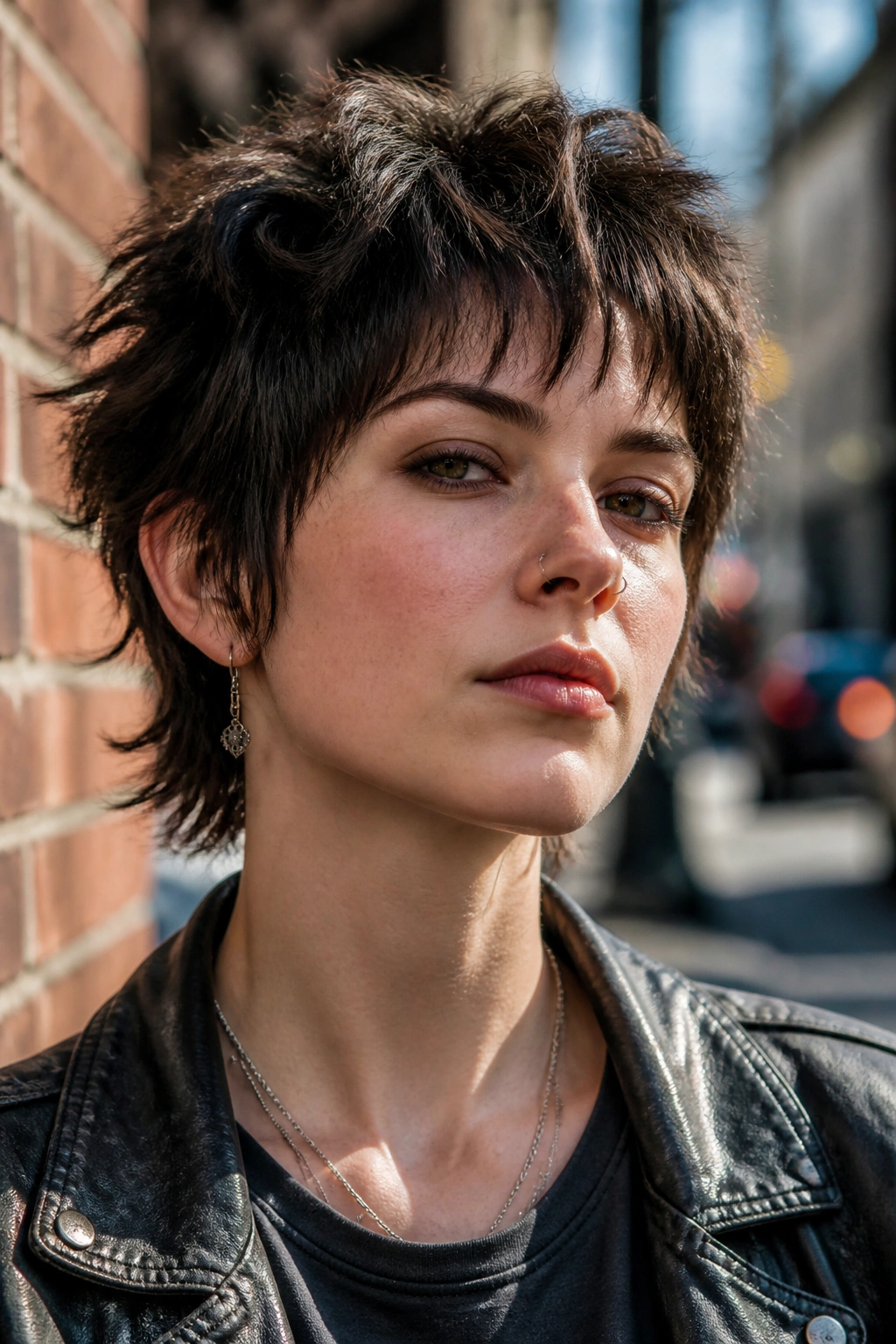 Close-up of a real woman with pixie shag hairstyle and short fringe