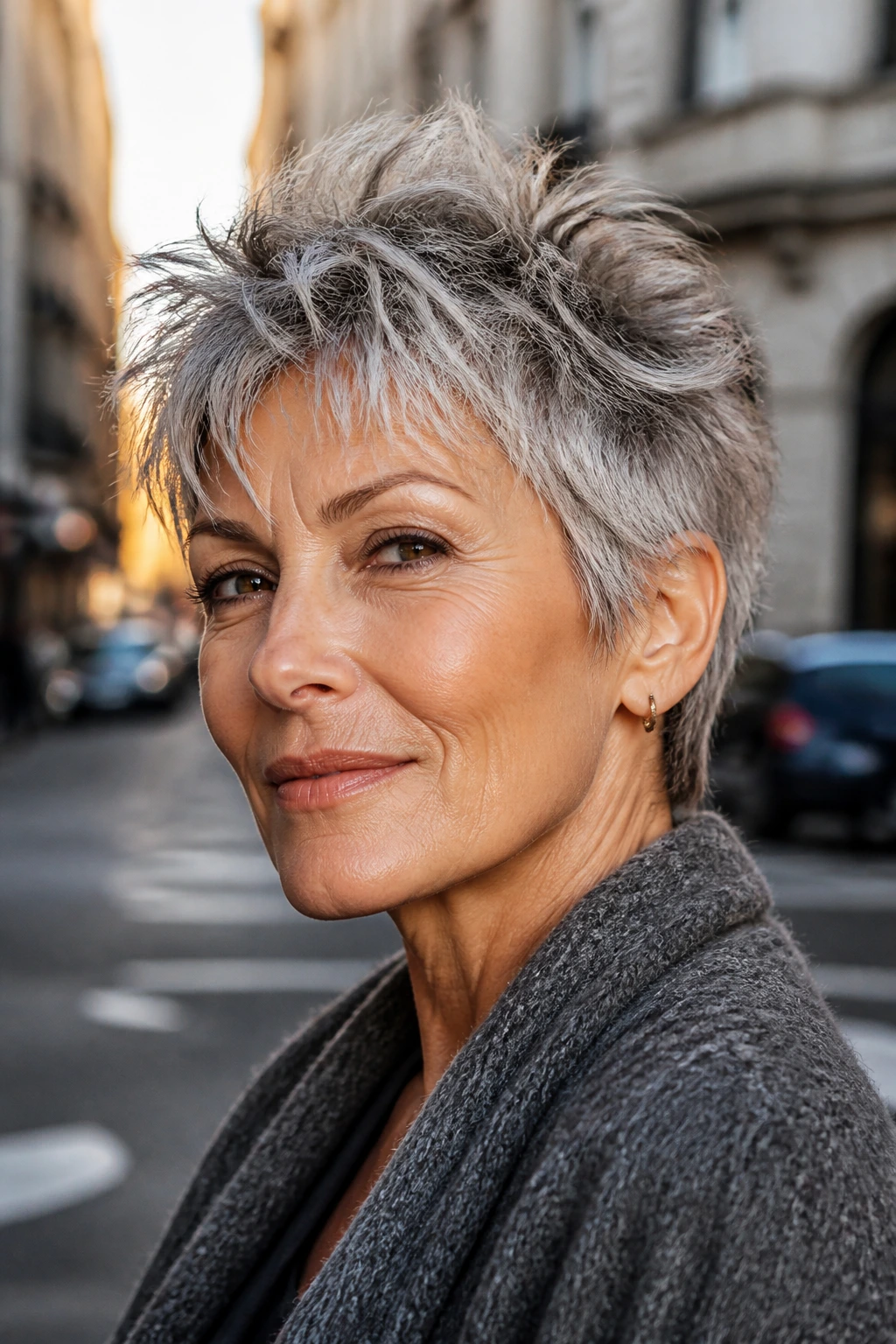 Close-up portrait of a real woman with a textured pixie shag