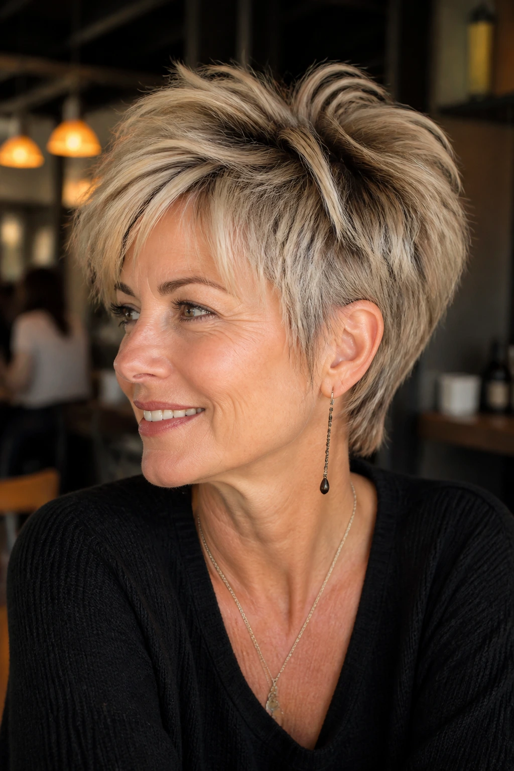 Close-up of a woman with pixie shag hybrid hairstyle in a cafe setting.