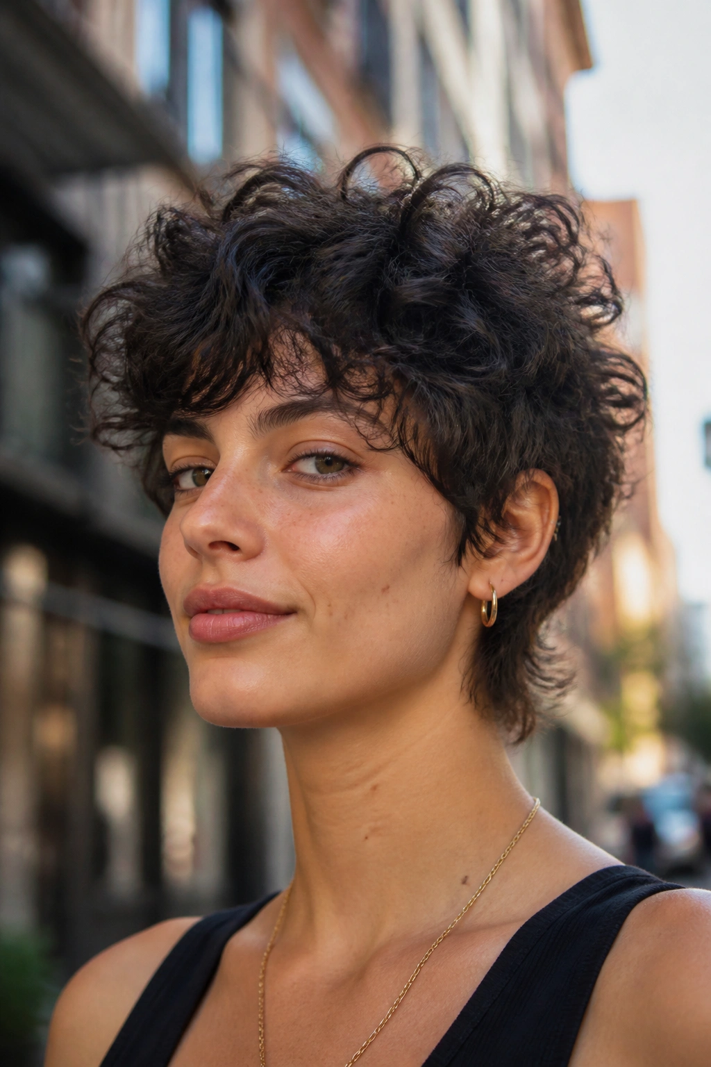 Portrait of a woman with a pixie-shag hybrid for curly hair