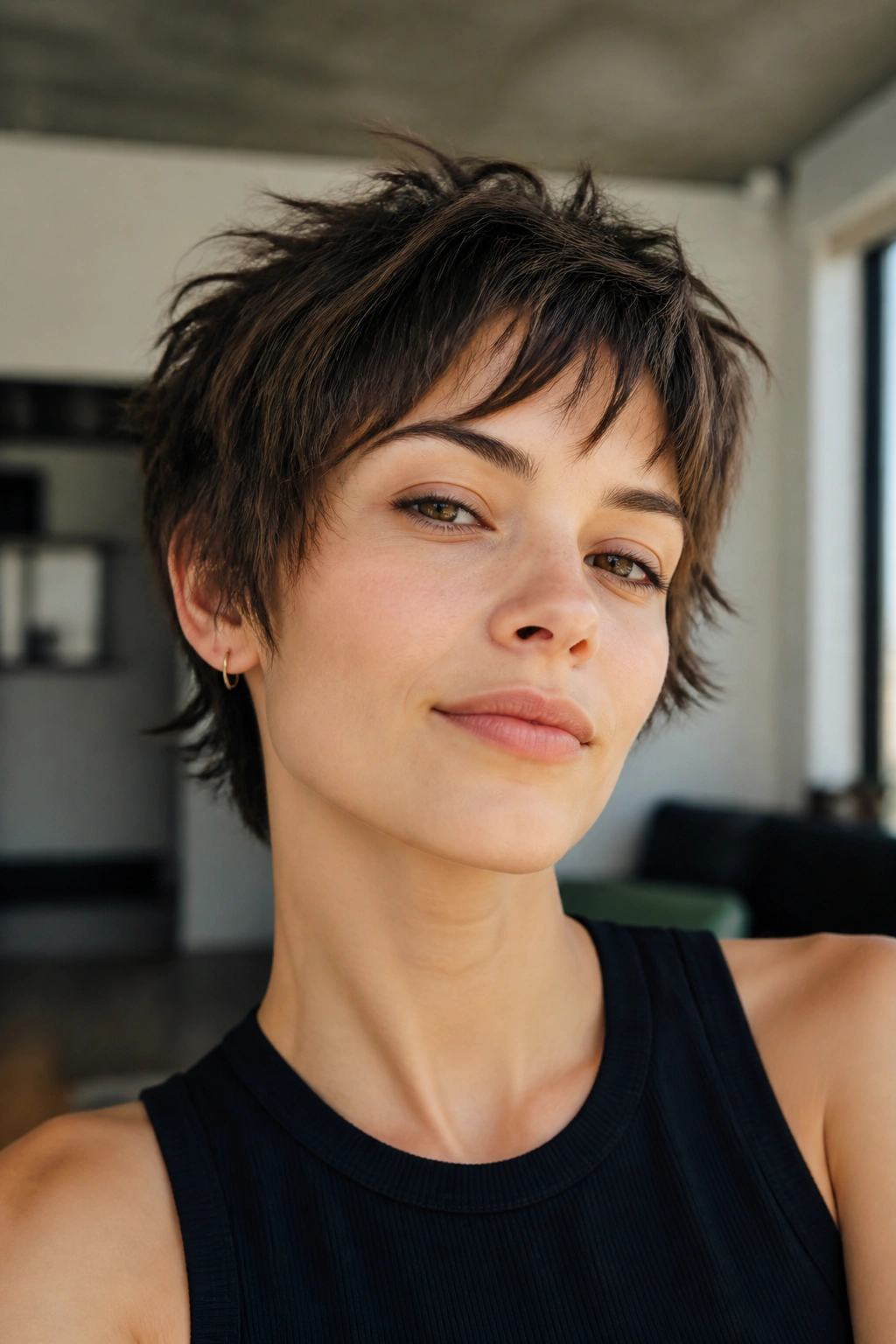 Close-up portrait of a real person with pixie-length shag and piecey bangs