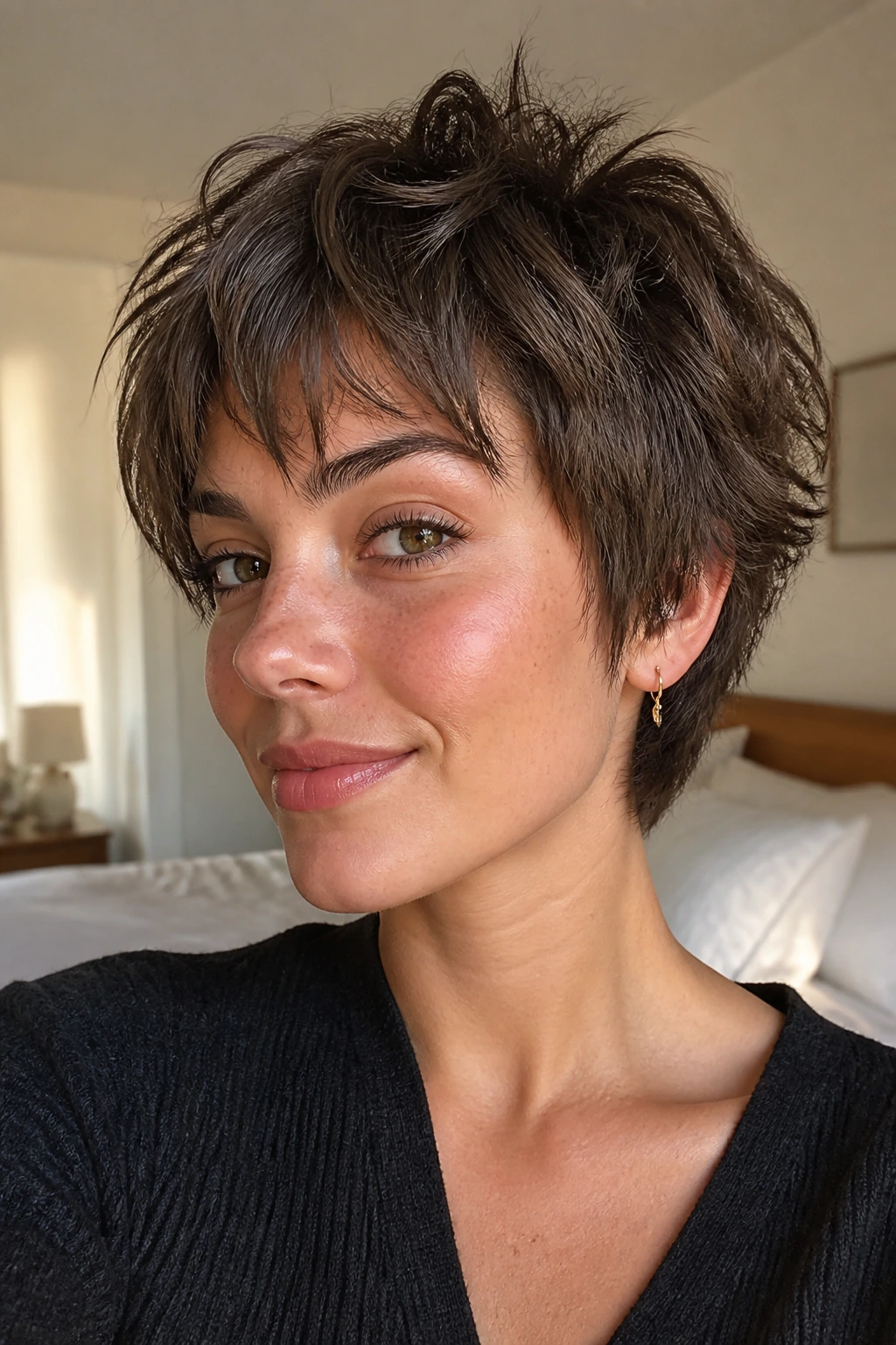 Close-up portrait of a real woman with a choppy pixie shag on thick hair, crown and sides textured