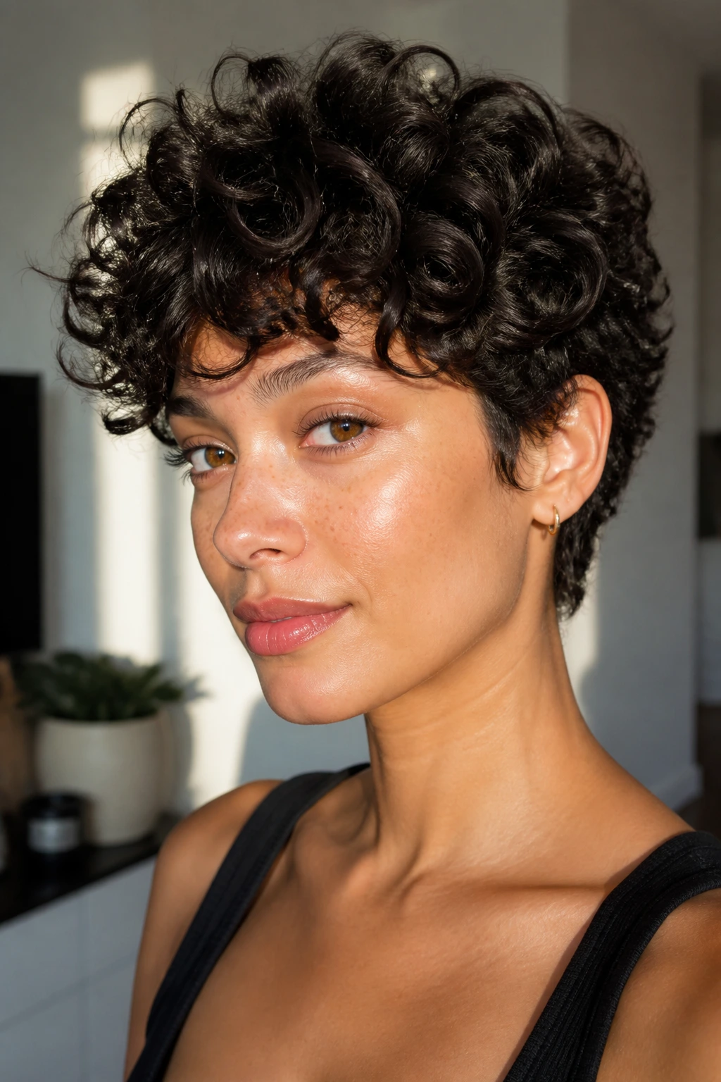 Close-up of a real woman with a tousled pixie shag for tight curls, crown layers