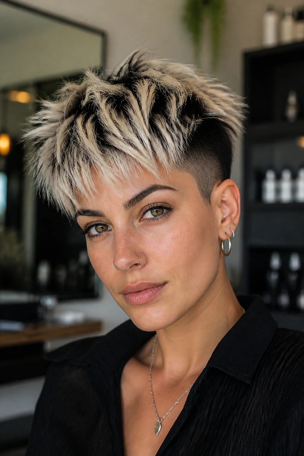 Close-up portrait of a real person with a pixie-shag undercut and high-contrast platinum highlights in a salon